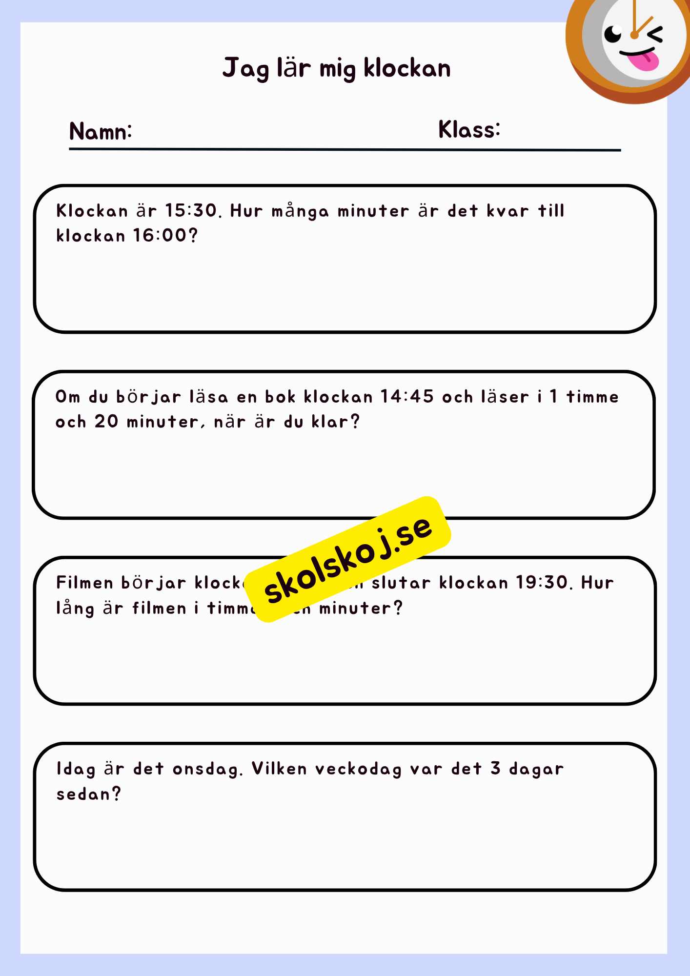 Jag lär mig klockan + problemlösning
