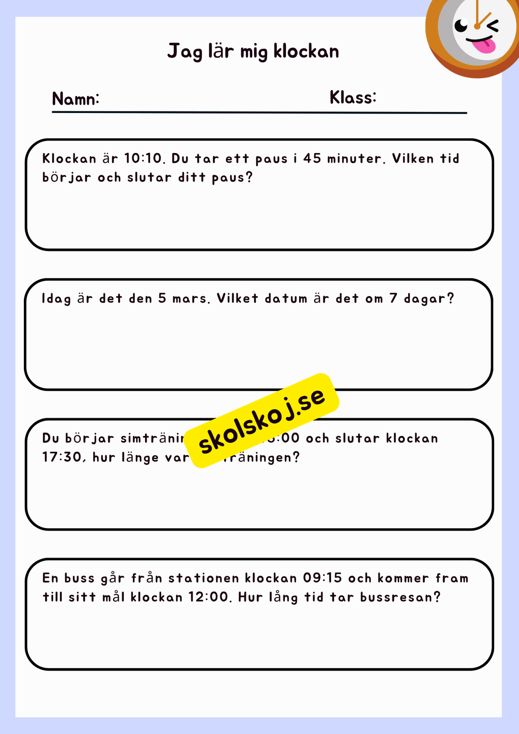 Jag lär mig klockan + problemlösning
