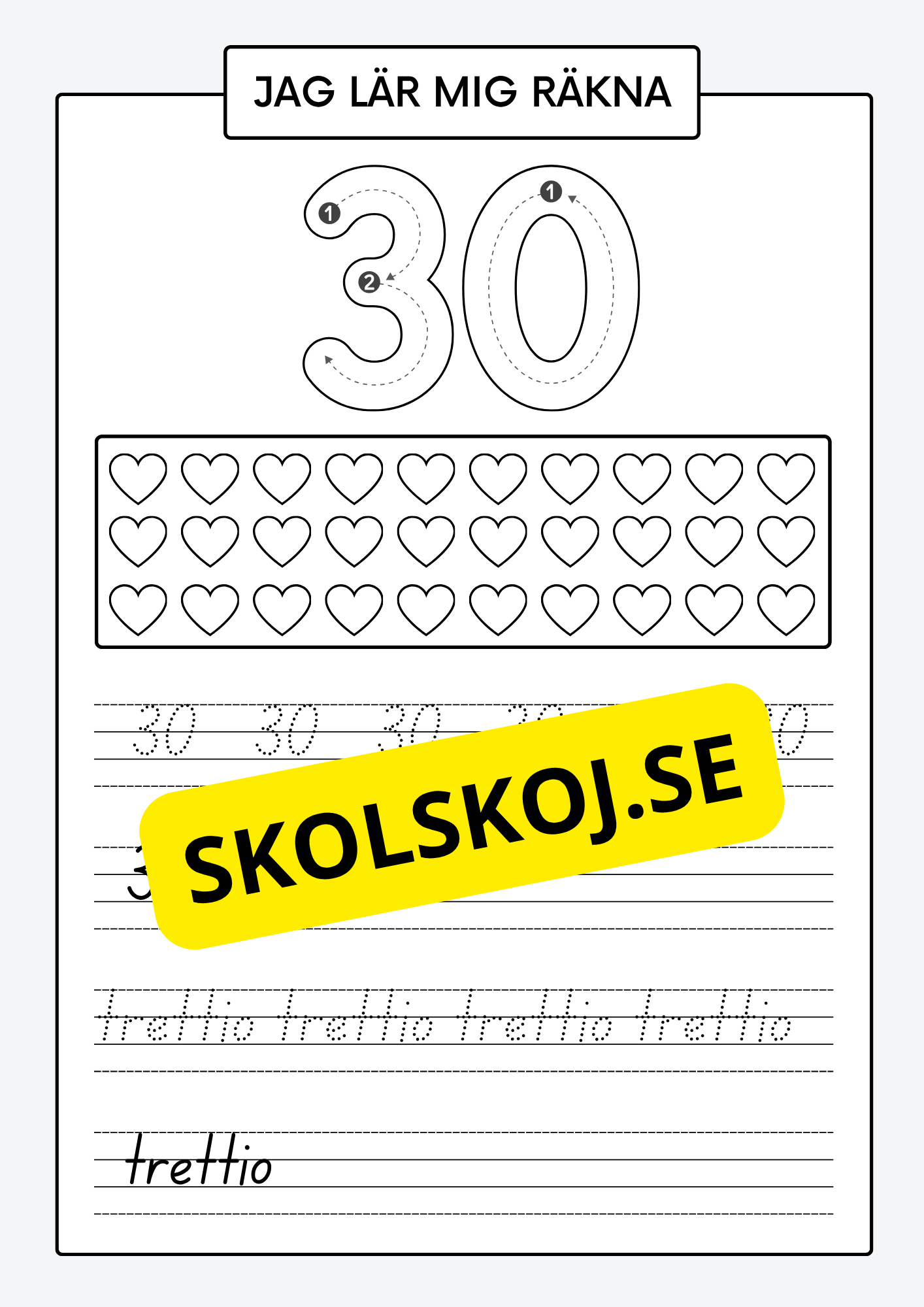 Jag lär mig räkna - Spåra och skriva siffror och tal 1 - 30