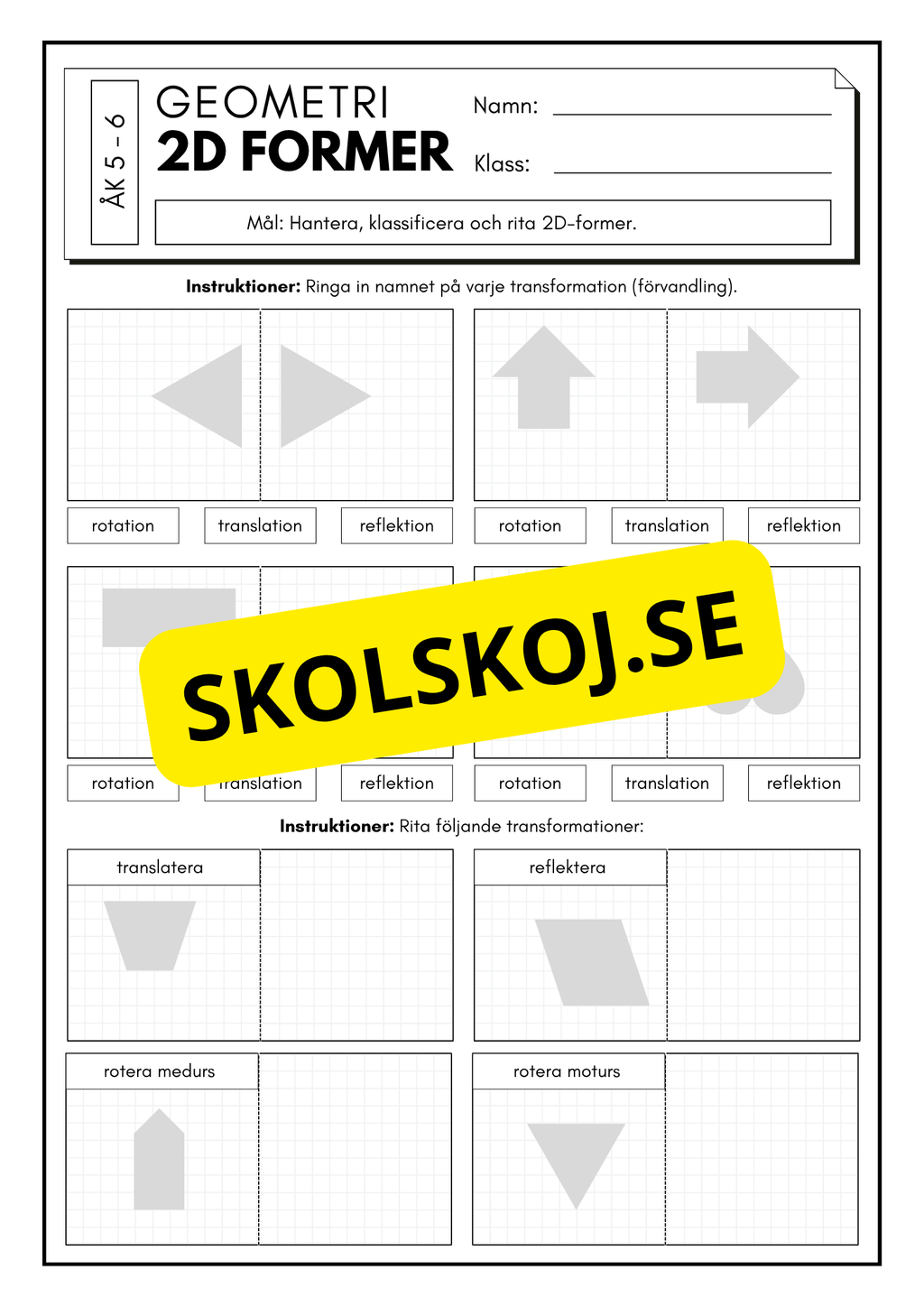 Lek med geometri: Uppgifter om rotation, spegling och translation - Åk 5 - 6