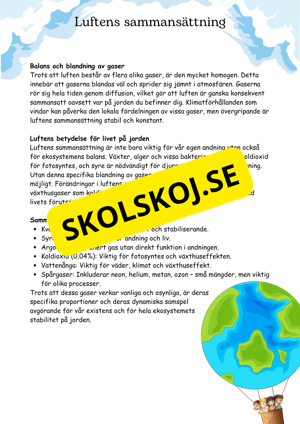 Luftens egenskaper och viktiga funktioner - åk 4 - 6
