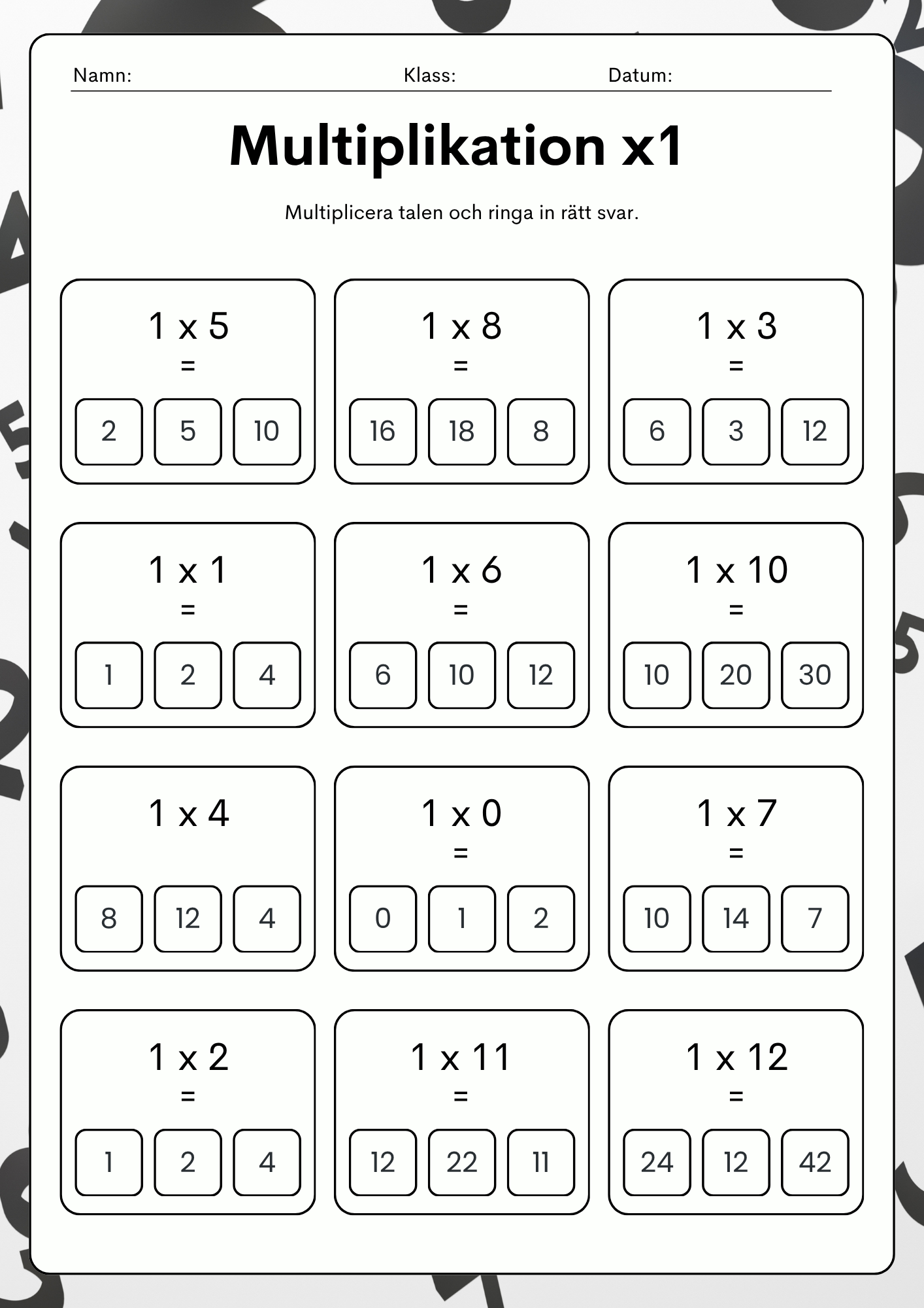 Multiplikationsövningar 1 - 9