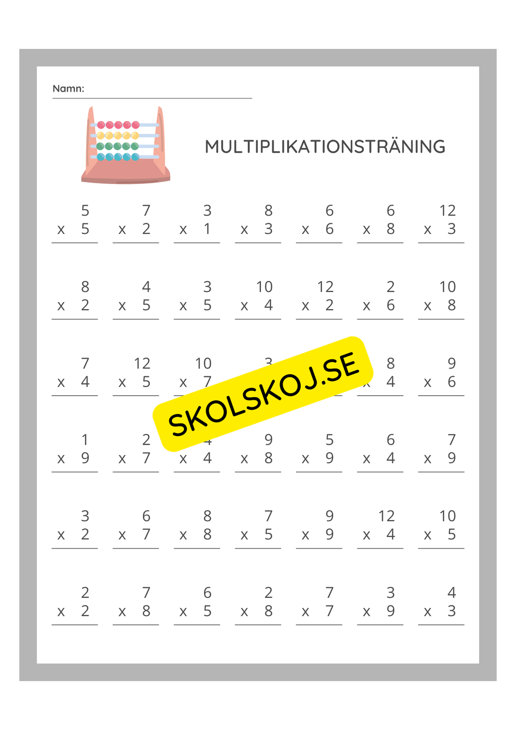 Multiplikationsträning - Enkel multiplikation med uppställning