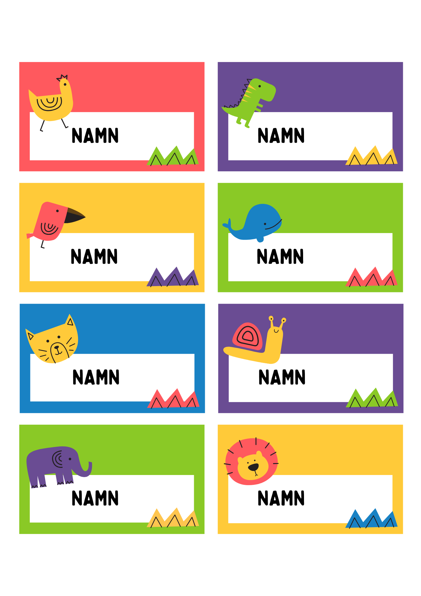 Namnlappar med djurillustrationer - Redigerbara