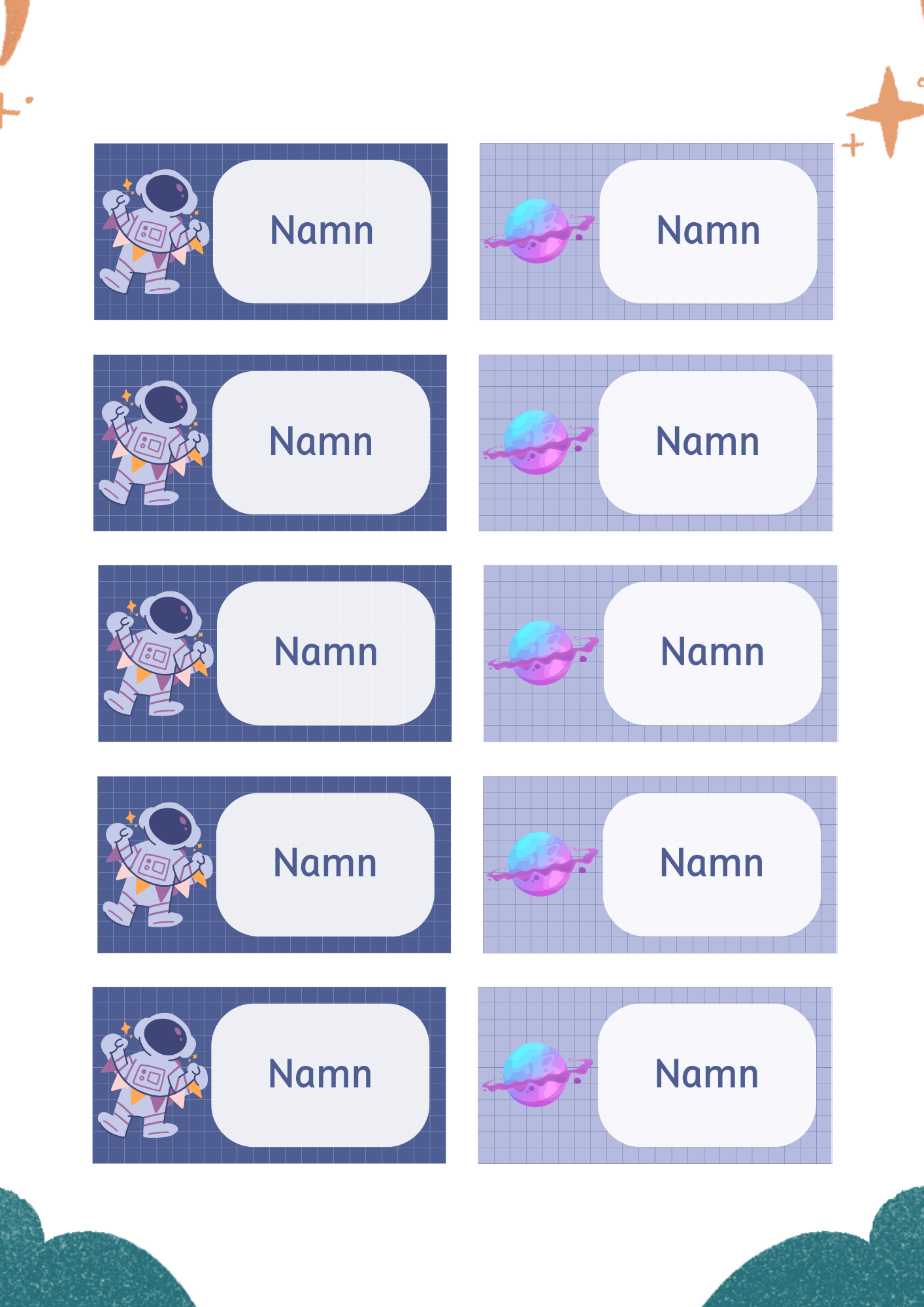Redigerbara namnlappar med rymdmotiv