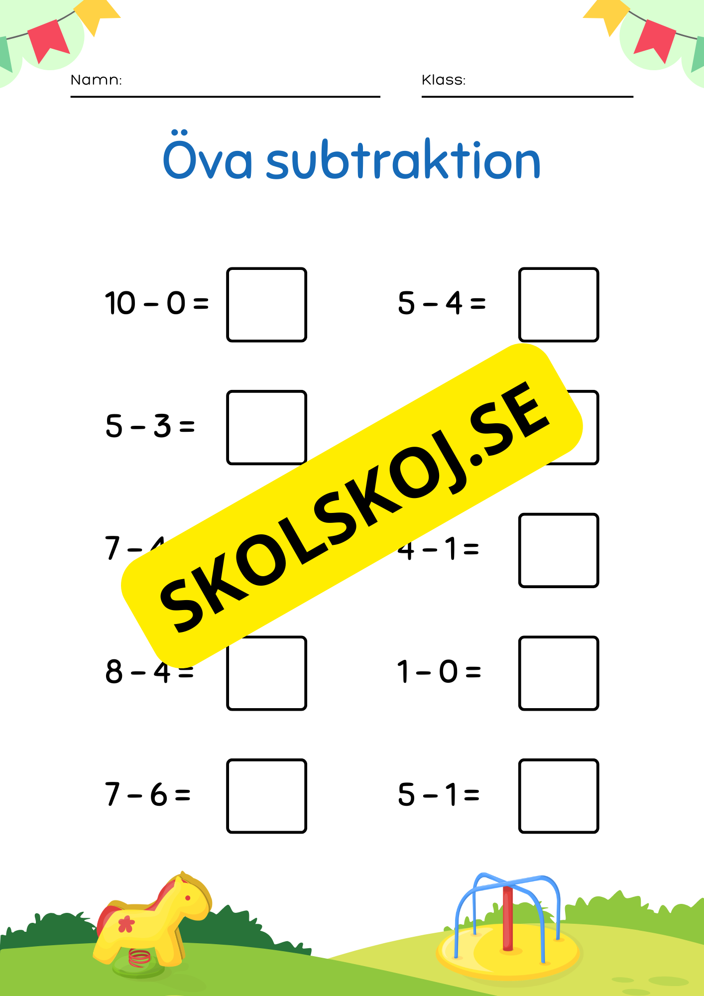 Öva på subtraktion - 0 - 10 (nivå 1)