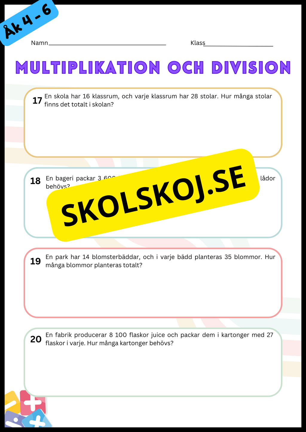 Problemlösning - De fyra räknesätten - Åk 4 - 6