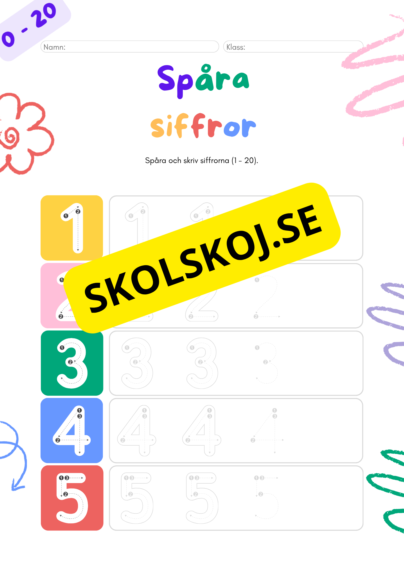 Spåra och skriv siffrorna 1 - 20