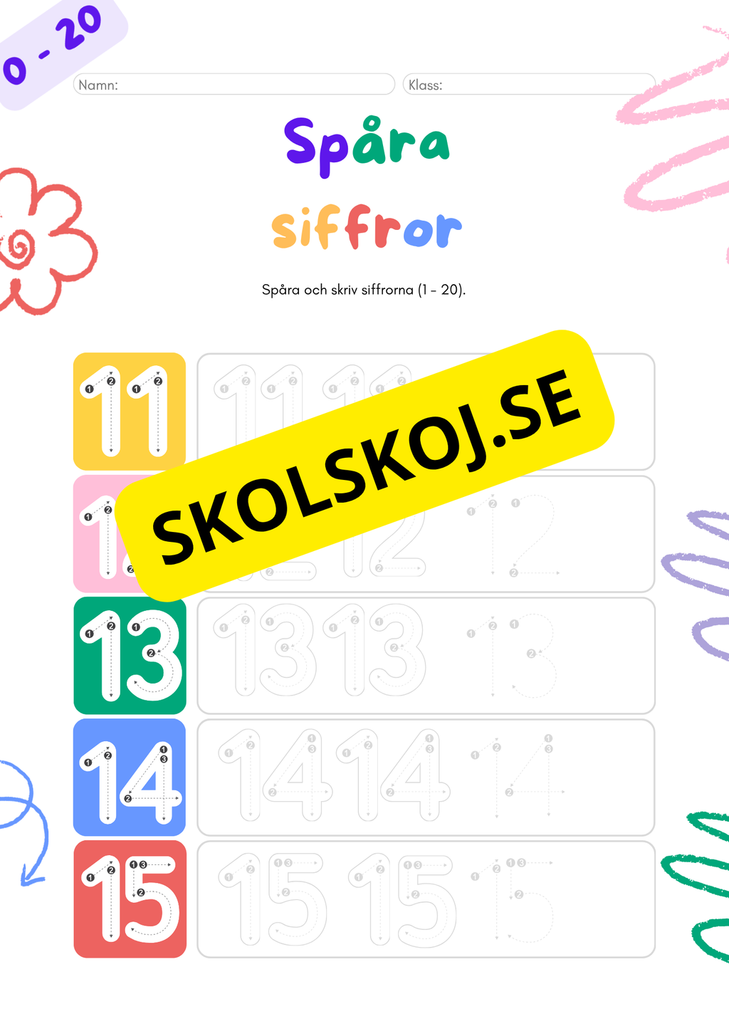 Spåra och skriv siffrorna 1 - 20