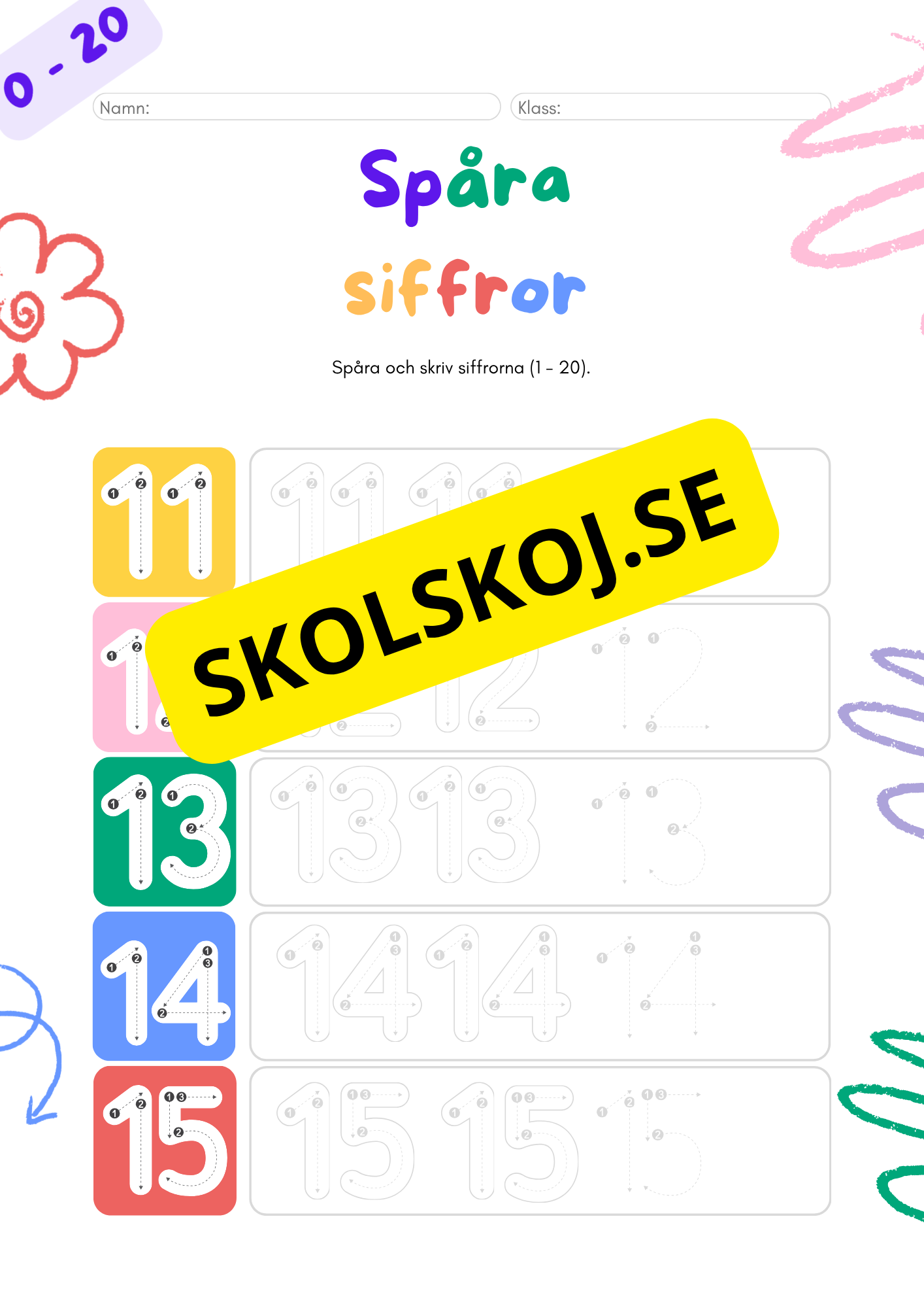 Spåra och skriv siffrorna 1 - 20