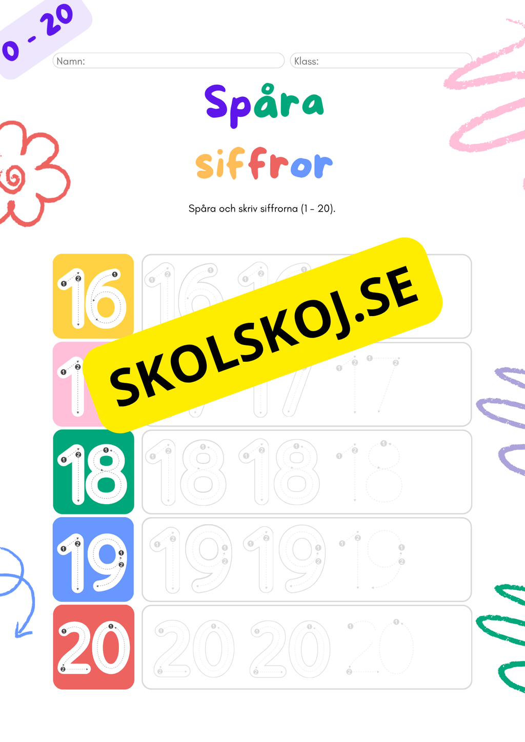 Spåra och skriv siffrorna 1 - 20