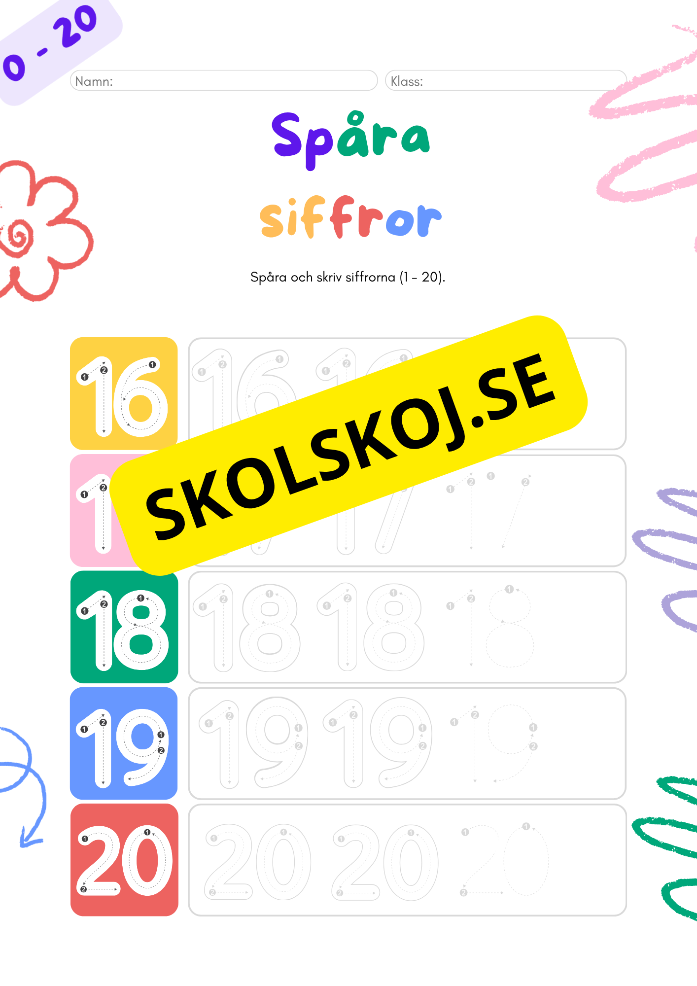 Spåra och skriv siffrorna 1 - 20