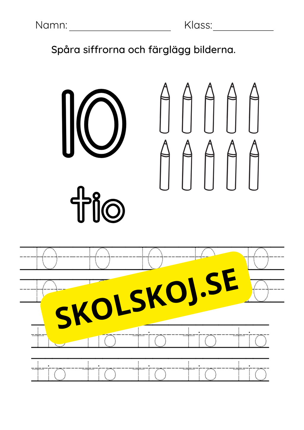 Spåra siffrorna (1 - 10) - Färglägg bilderna