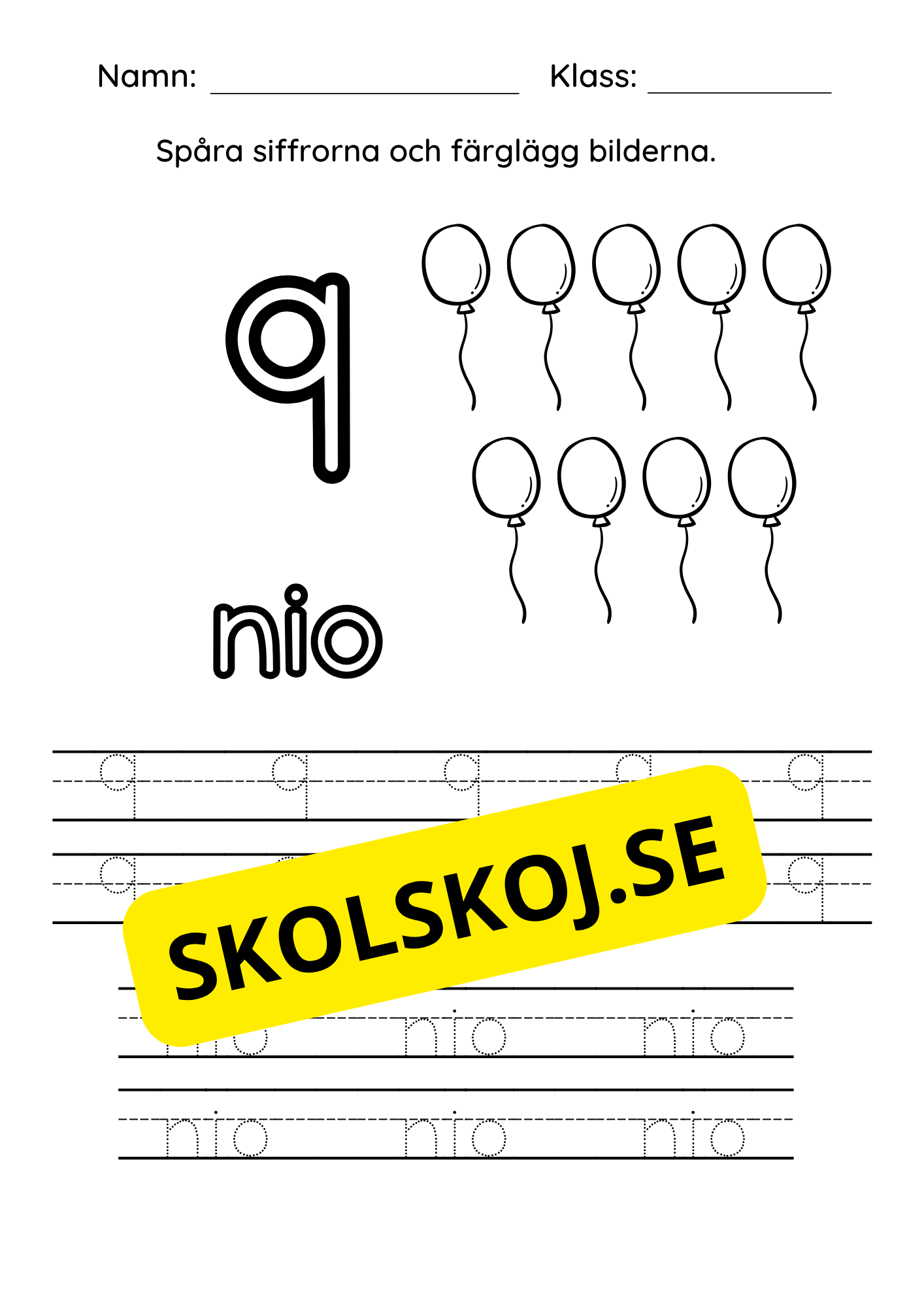 Spåra siffrorna (1 - 10) - Färglägg bilderna