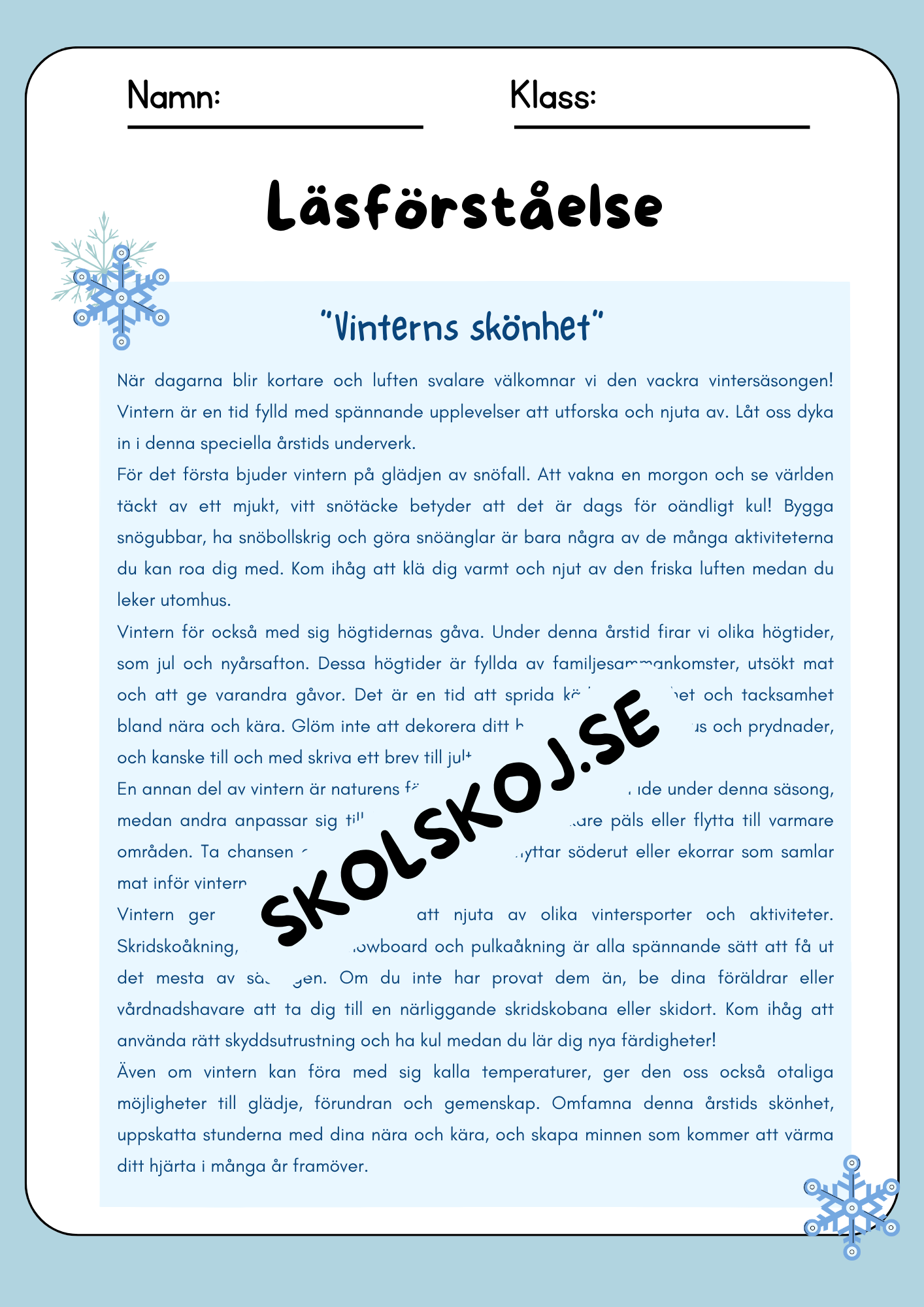 Träna adjektiv och läsförståelse - Tema vinter