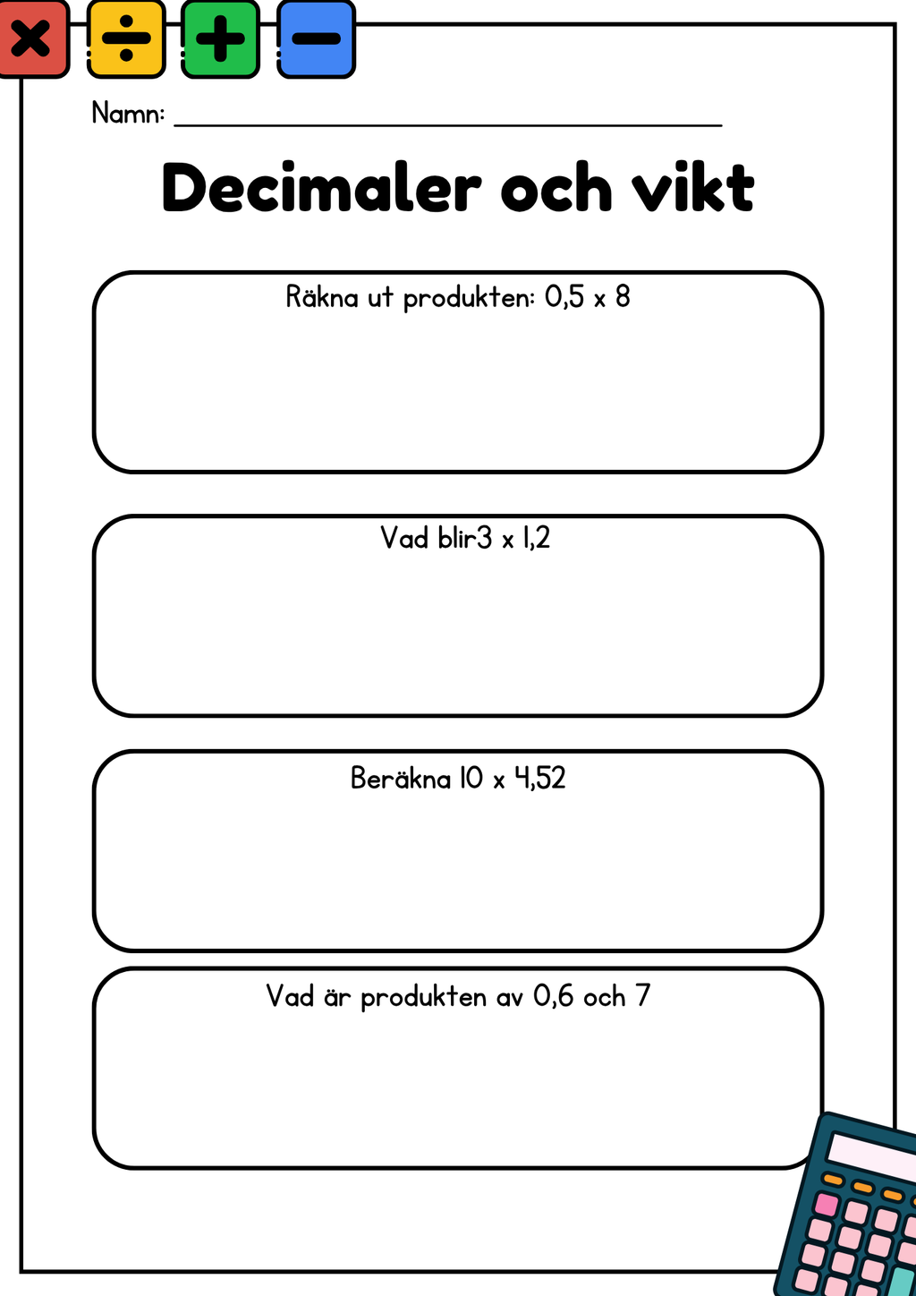 Decimaler och vikt - Blandade uppgifter - Åk 5 - 6