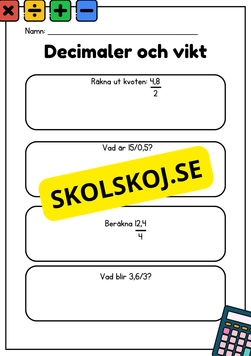 Decimaler och vikt - Blandade uppgifter - Åk 5 - 6