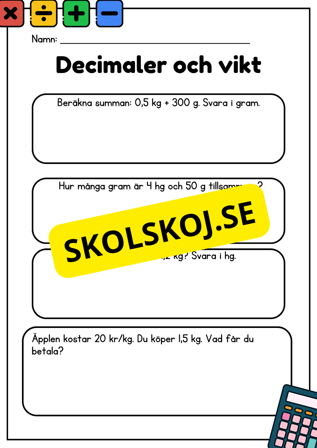 Decimaler och vikt - Blandade uppgifter - Åk 5 - 6