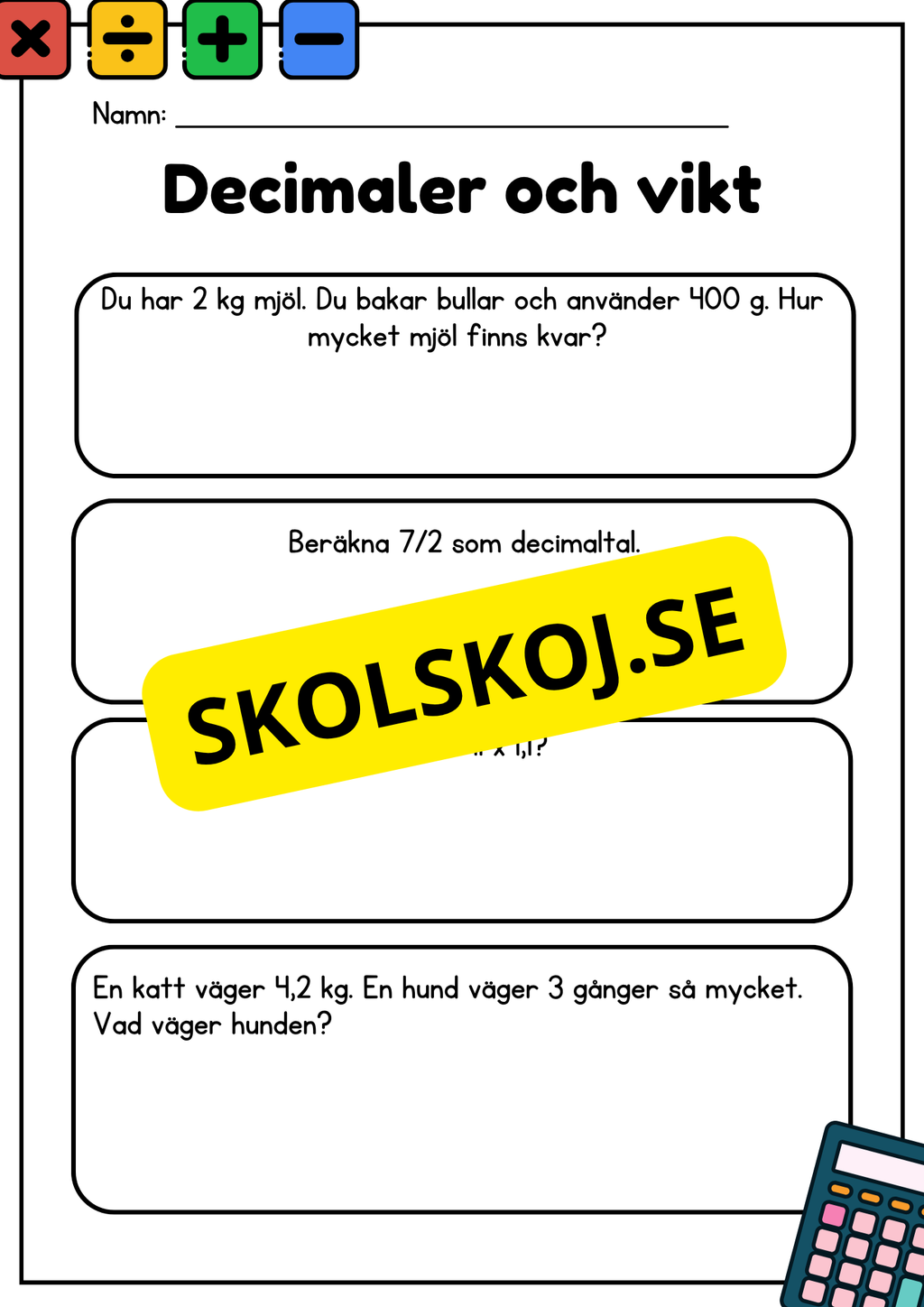 Decimaler och vikt - Blandade uppgifter - Åk 5 - 6