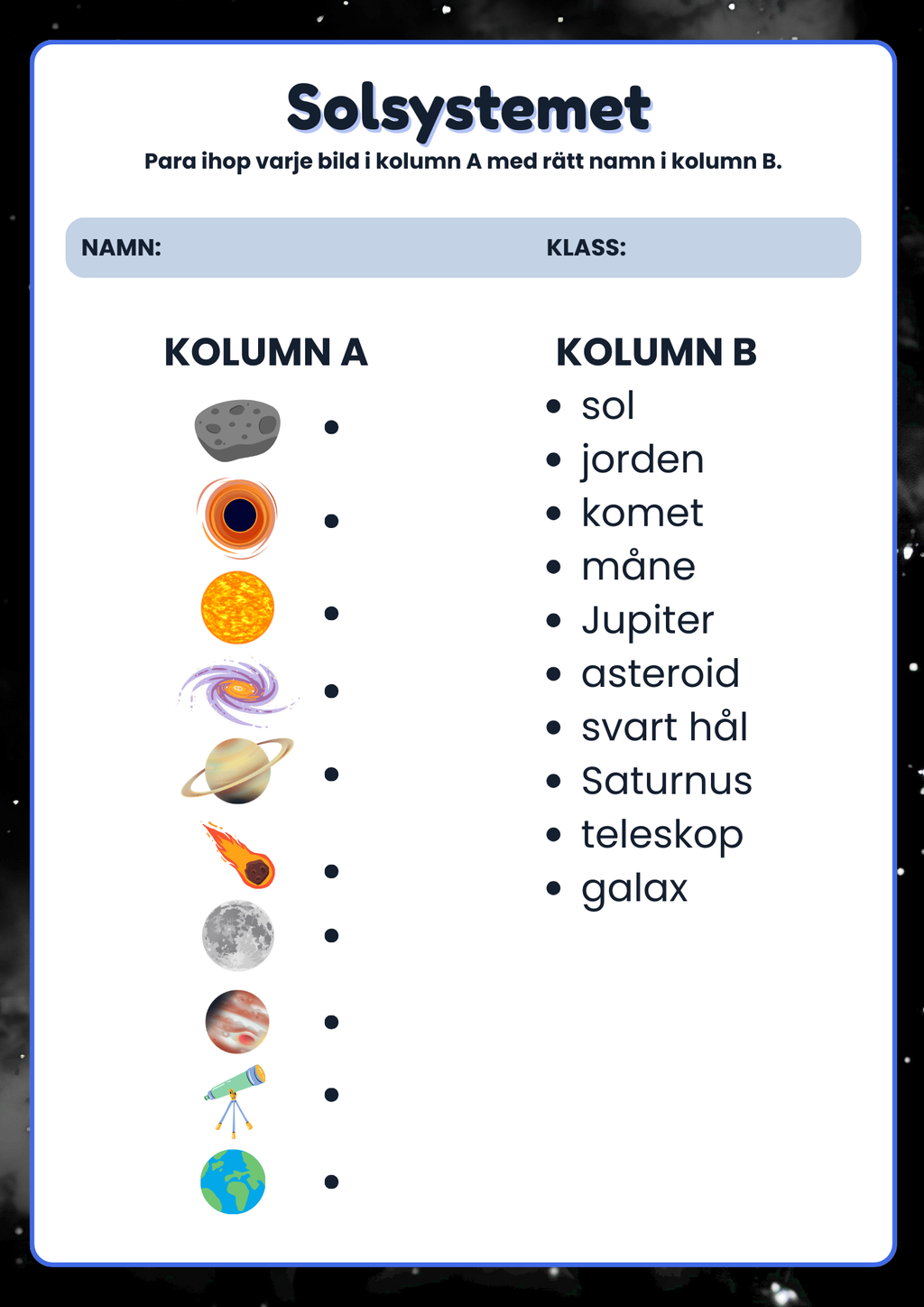 Solsystemet - Arbetsblad