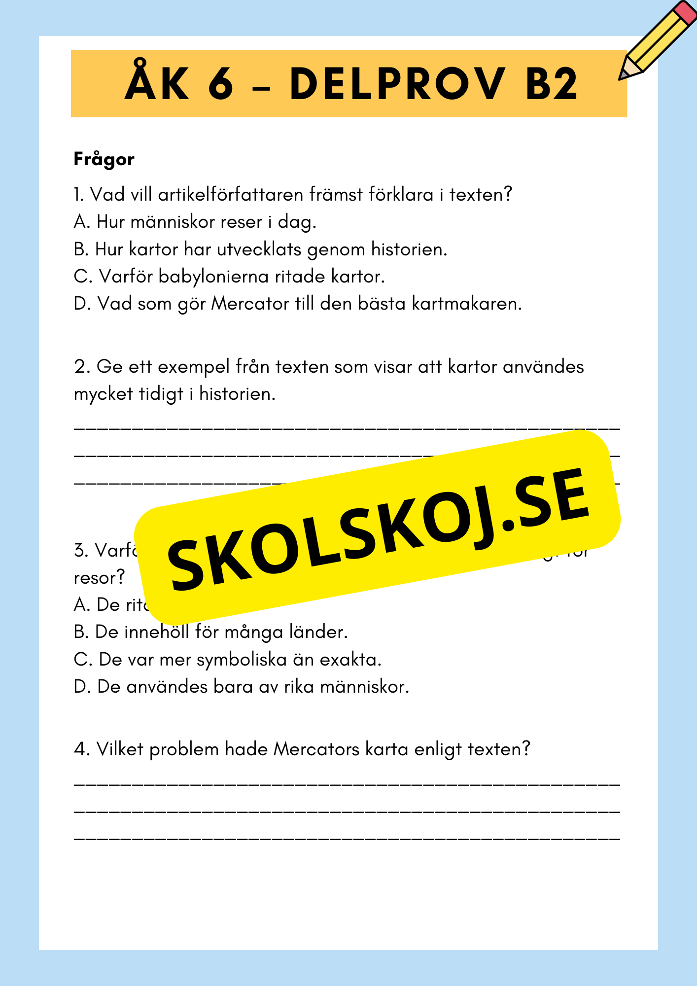 Träna inför nationella provet – Läsförståelse Åk 6 (Delprov B1 & B2) + FACIT
