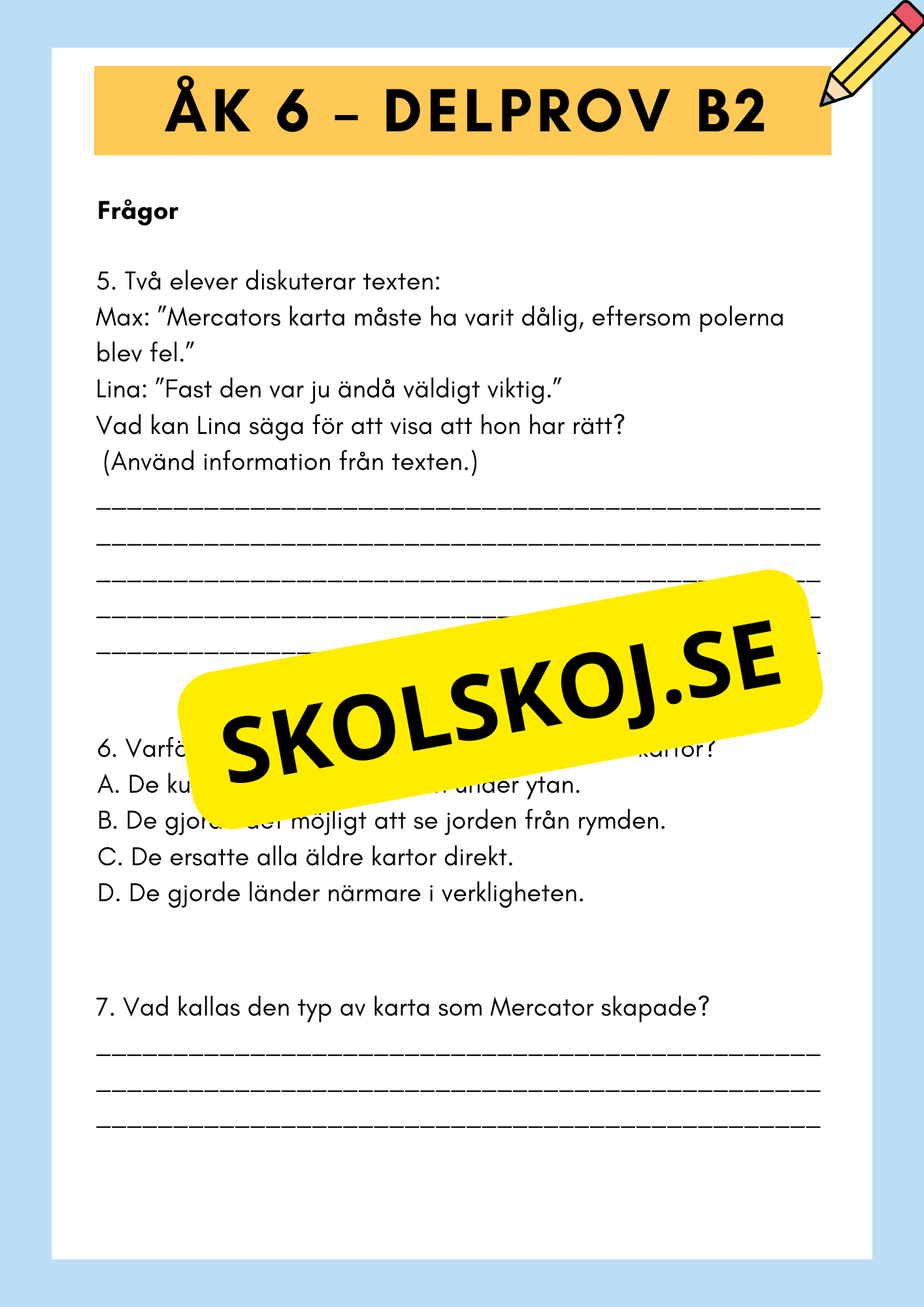 Träna inför nationella provet – Läsförståelse Åk 6 (Delprov B1 & B2) + FACIT