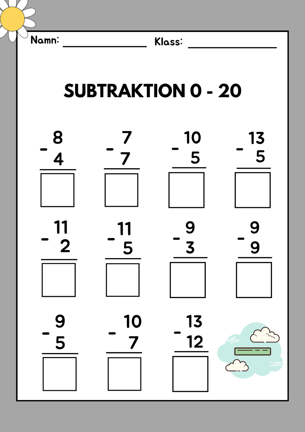 Subtraktion 0 - 20 - Häfte