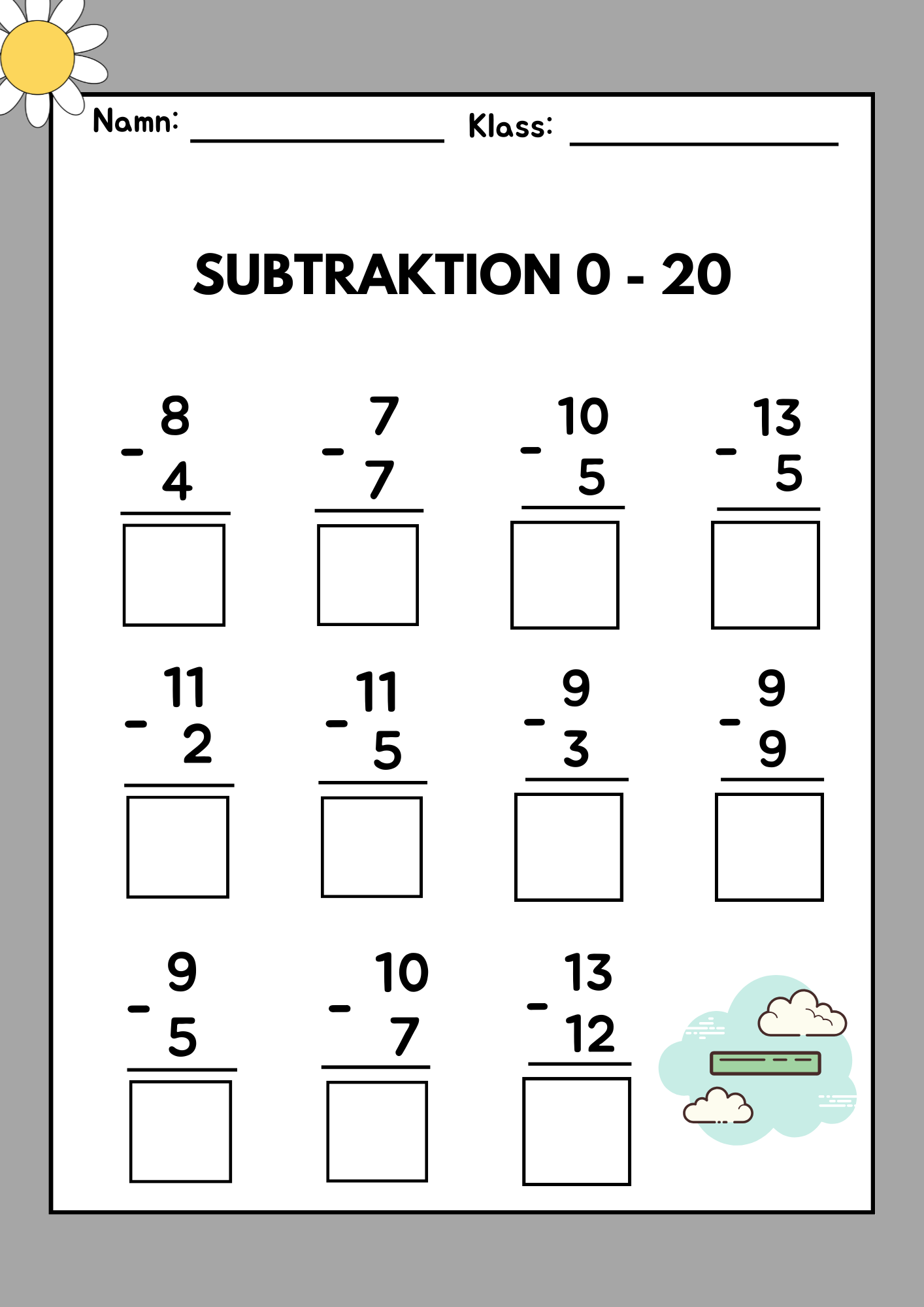 Subtraktion 0 - 20 - Häfte