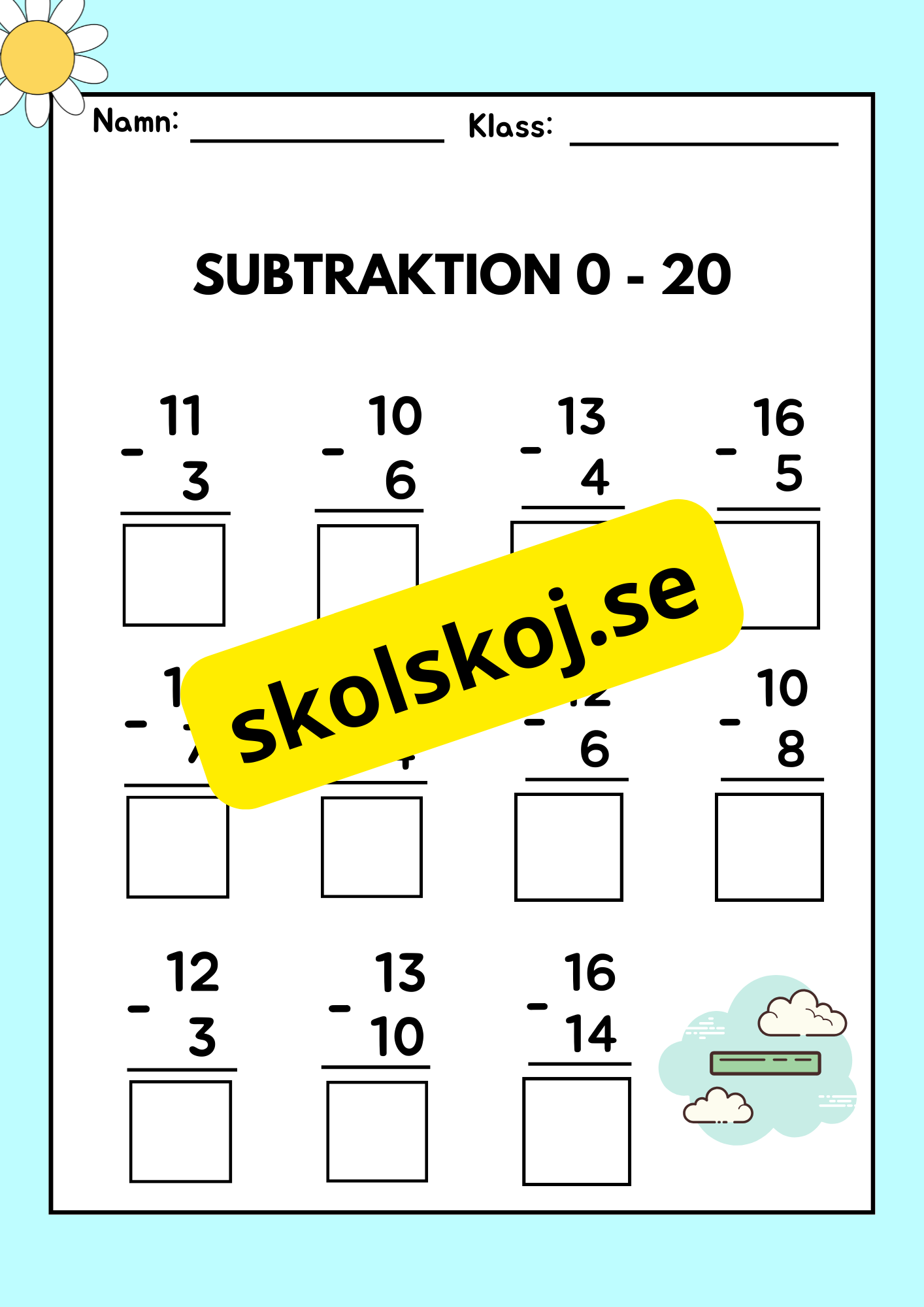 Subtraktion 0 - 20 - Häfte