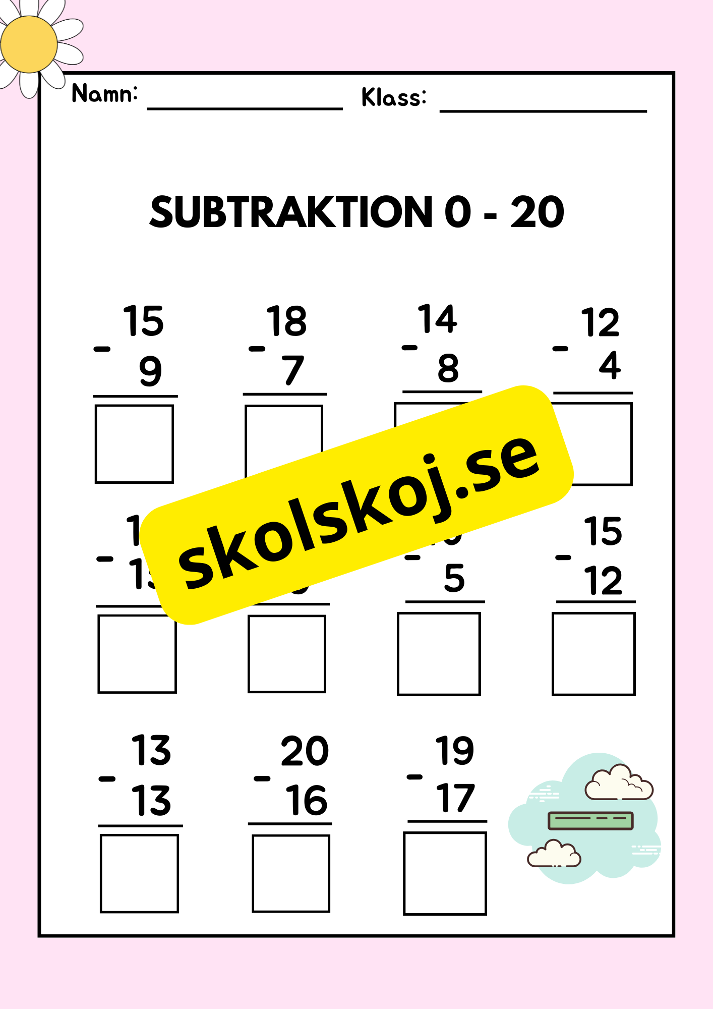 Subtraktion 0 - 20 - Häfte