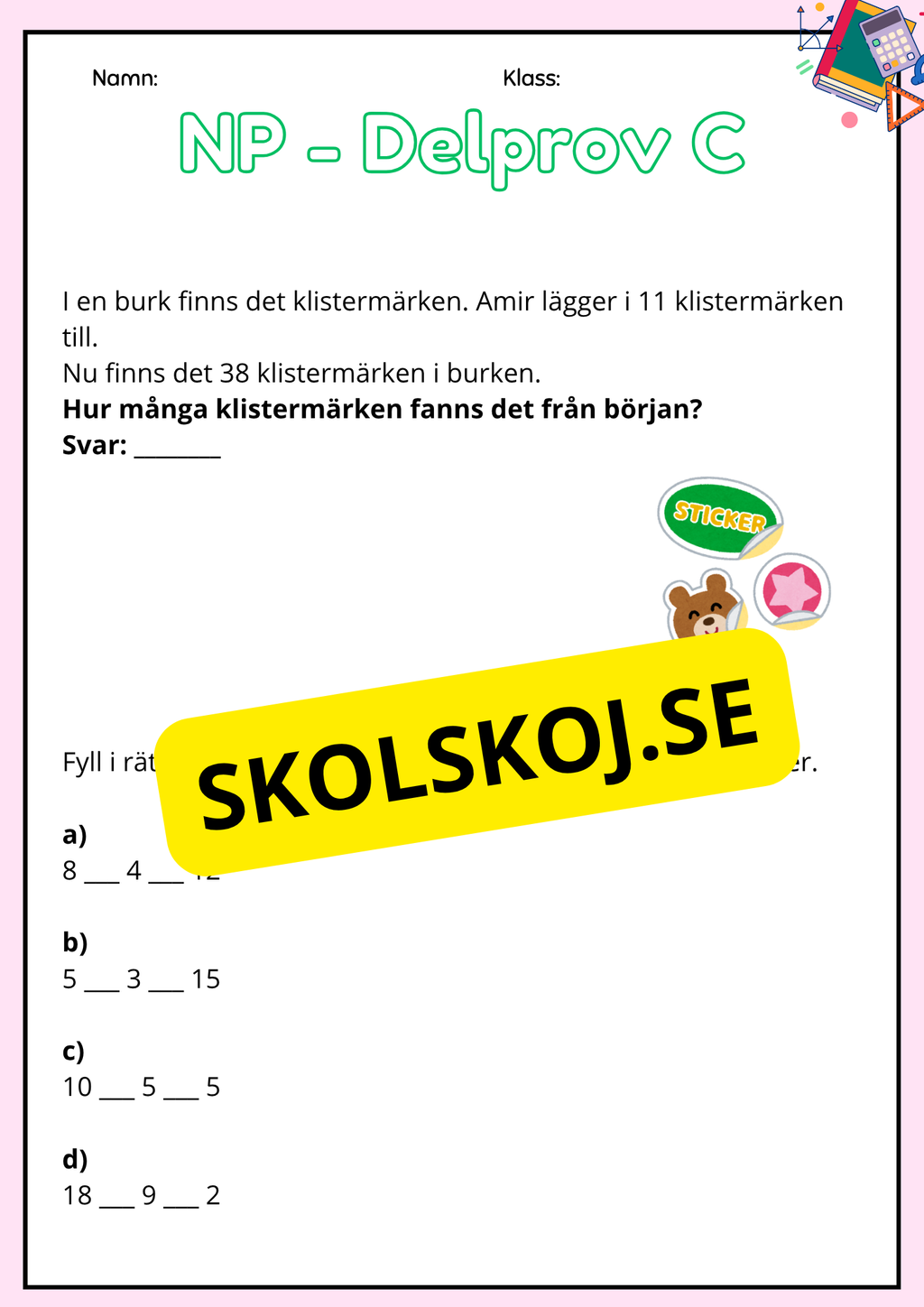Nationella Prov – Matematik - Träningsmaterial - Årskurs 3 - Del B och C