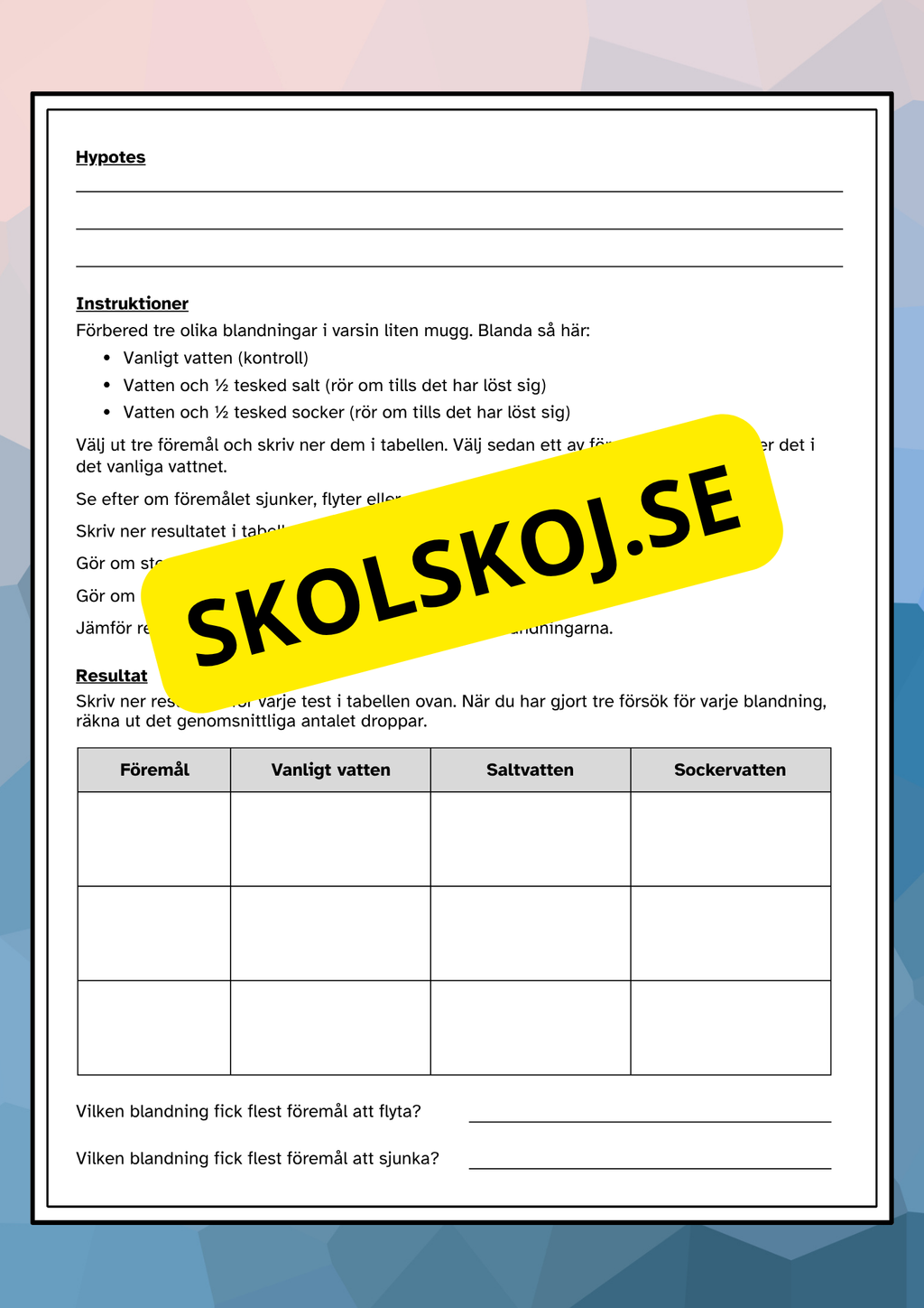 Flyta eller sjunka - Vi undersöker densitet - Experiment