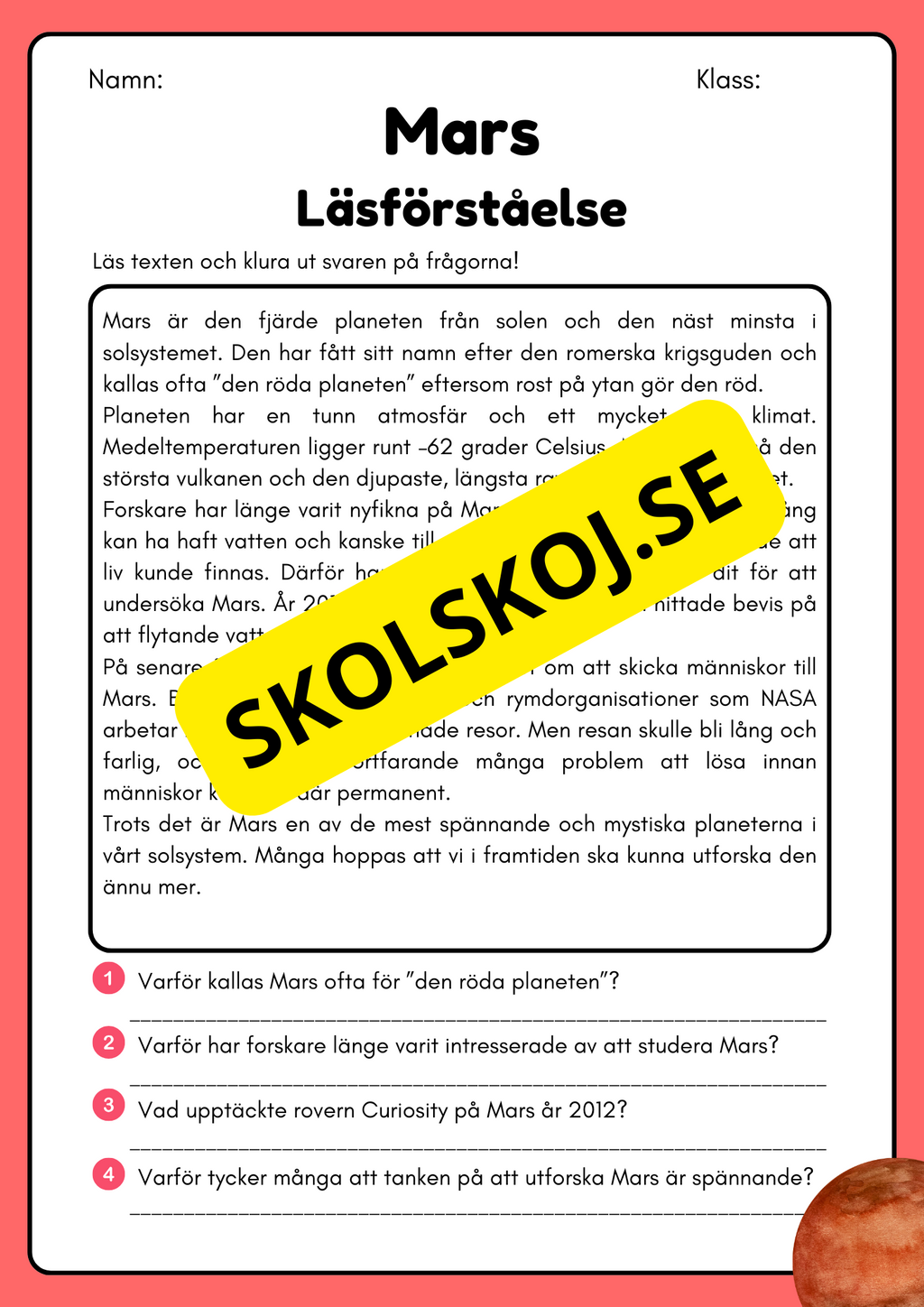 Läsförståelse - Planeterna