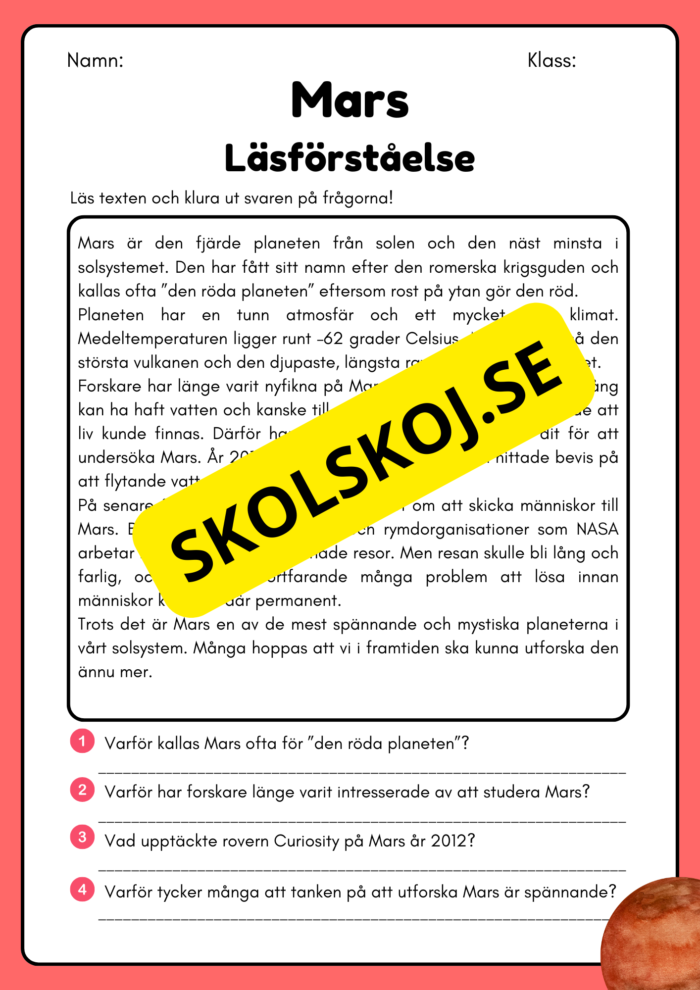 Läsförståelse - Planeterna