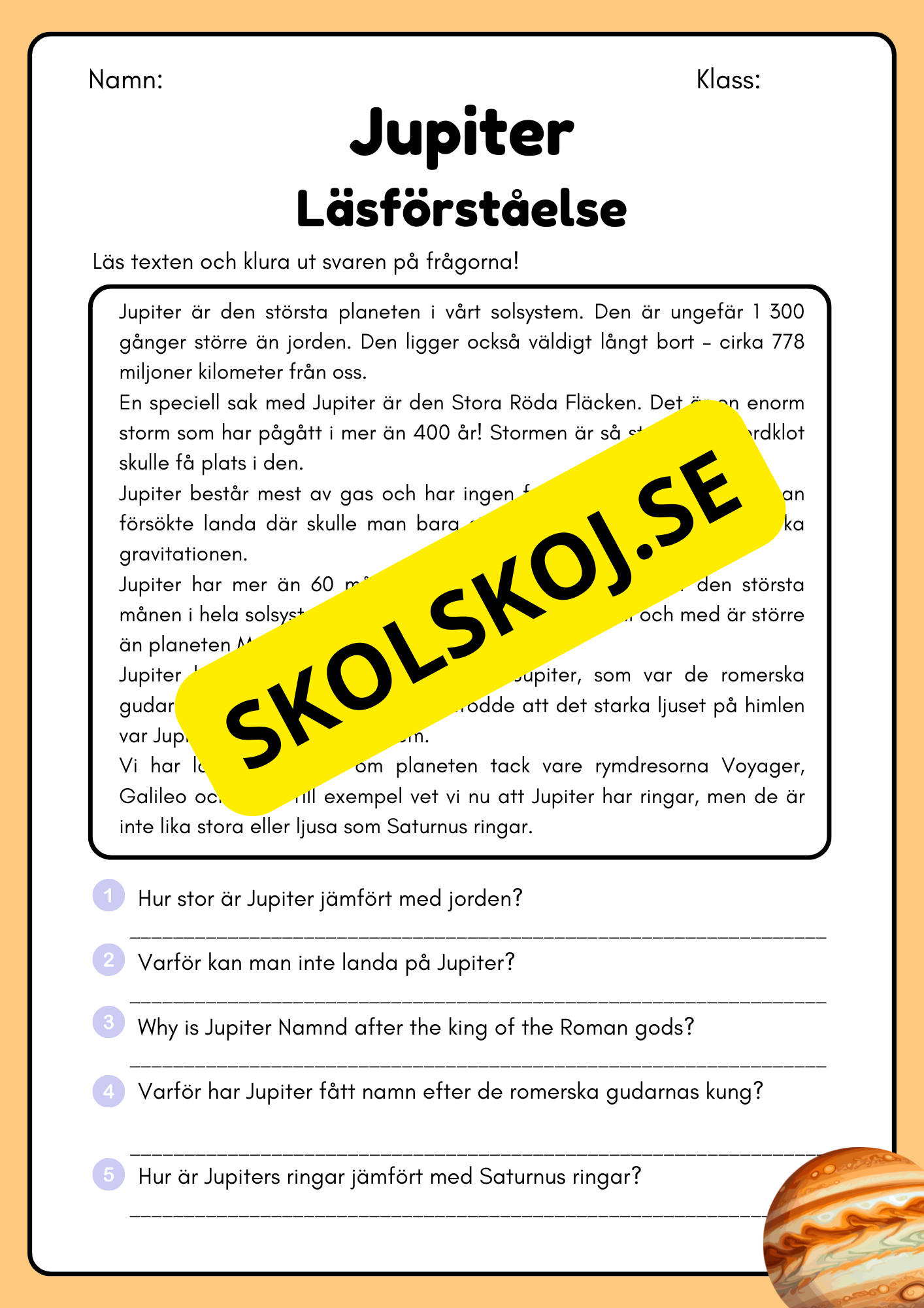 Läsförståelse - Planeterna