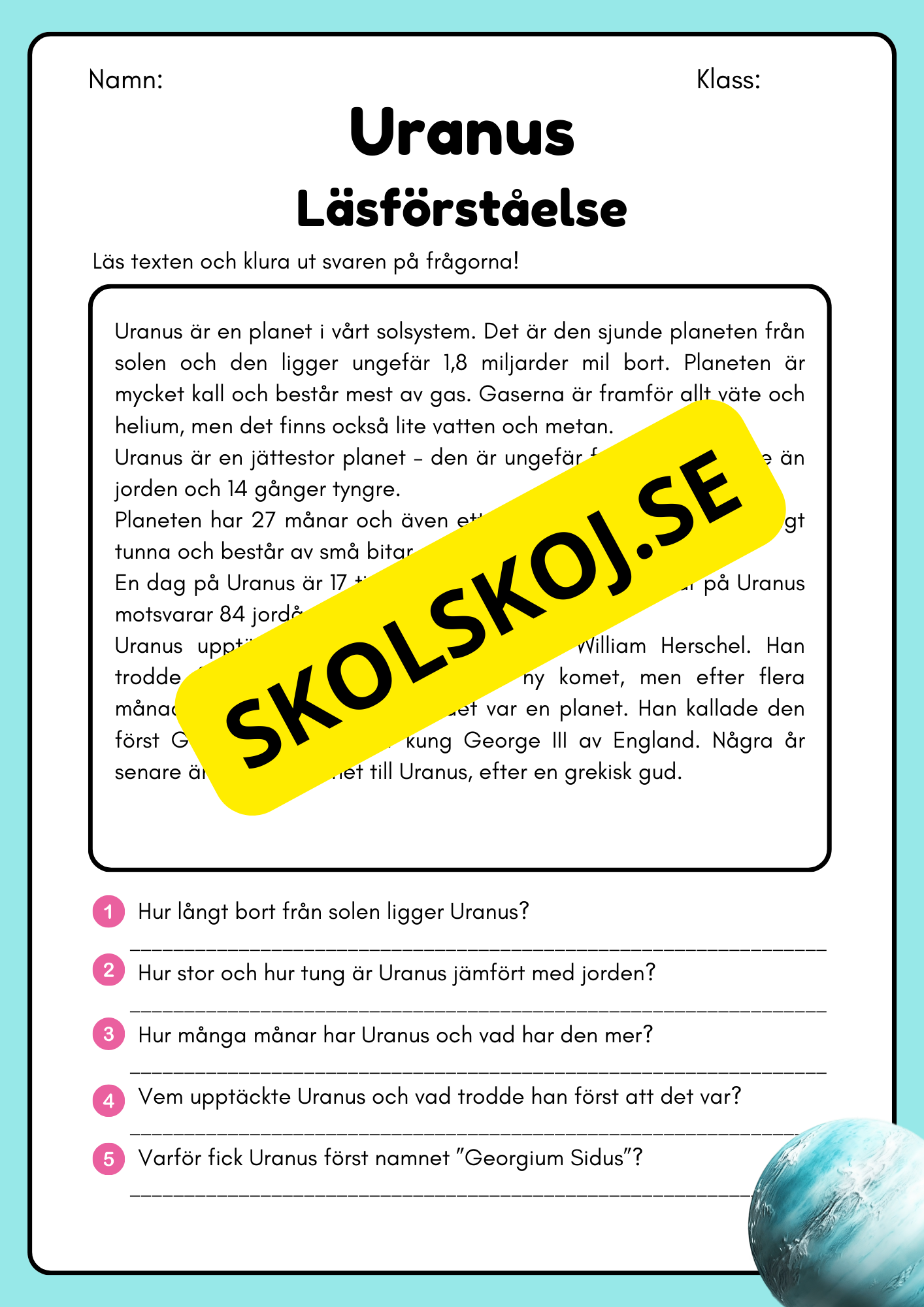 Läsförståelse - Planeterna