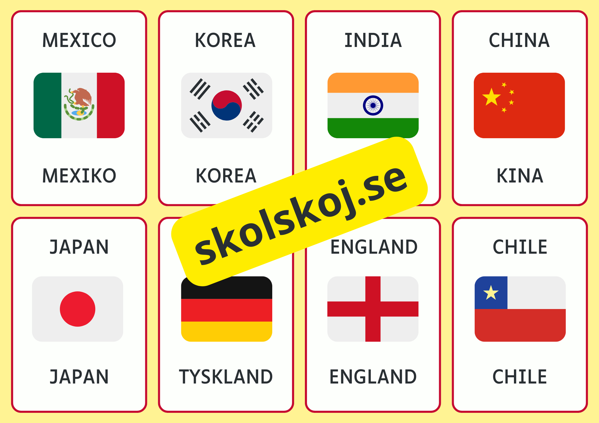 Kort med länder på engelska och svenska