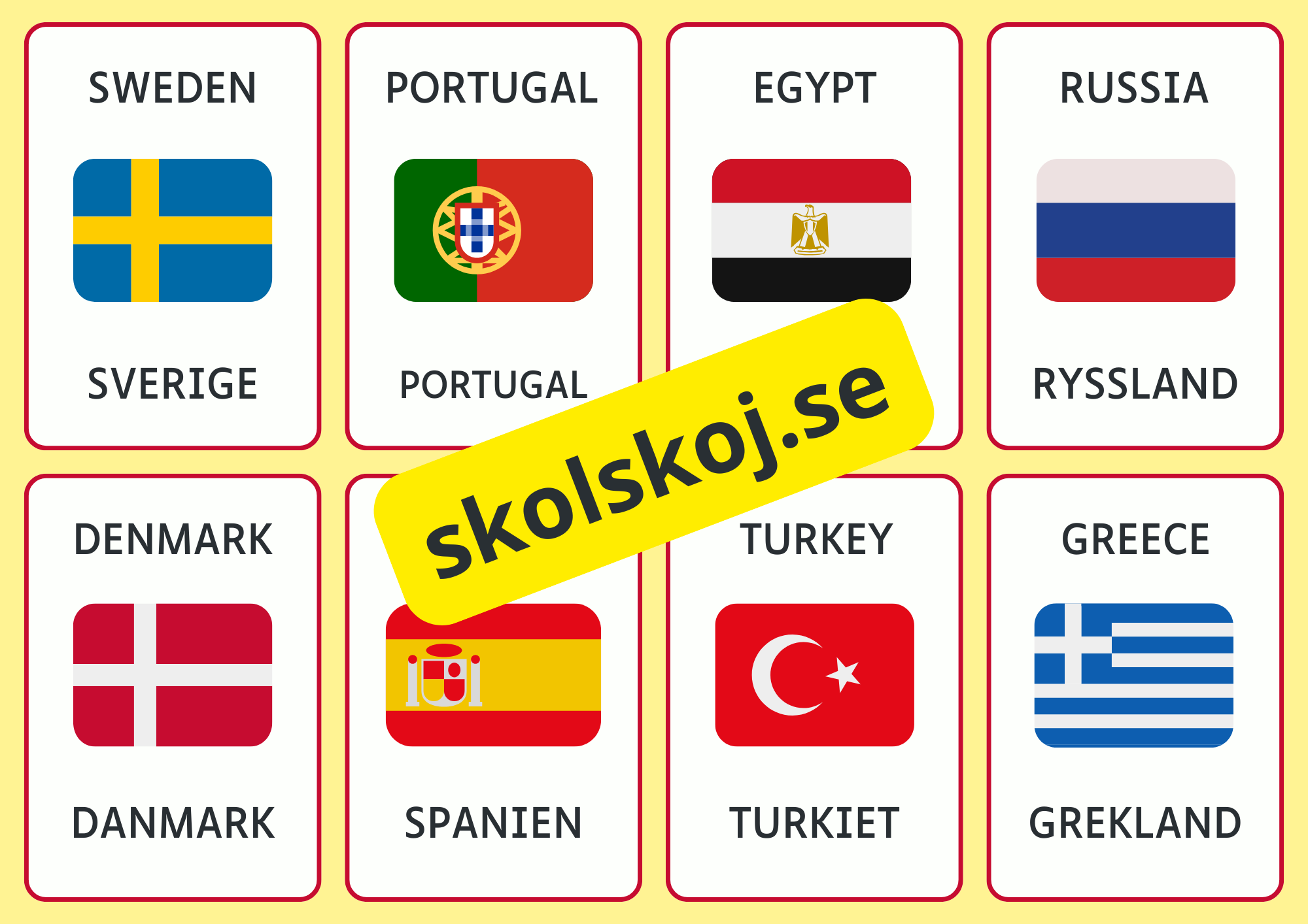 Kort med länder på engelska och svenska
