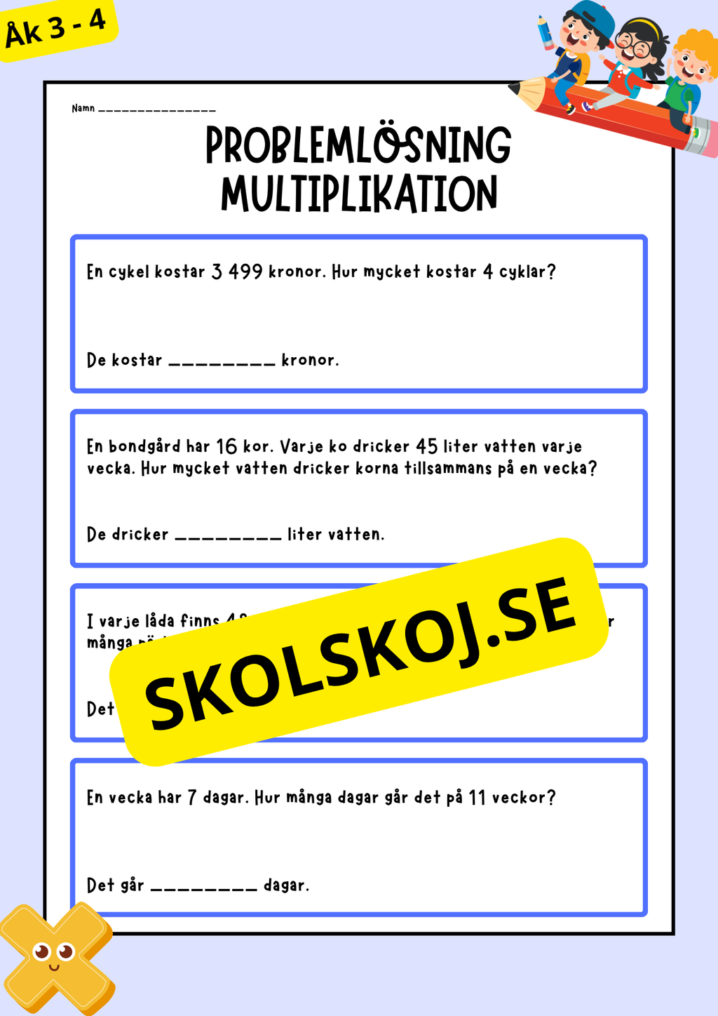 Problemlösning - Matematik - Åk 3 - 4 (Multiplikation)