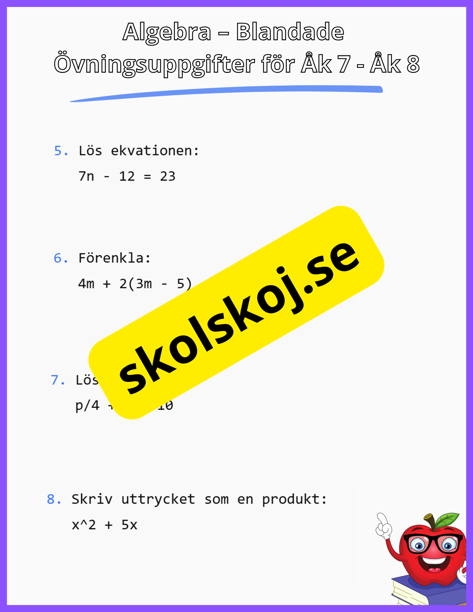 Algebra – Blandade Övningsuppgifter - åk 7 - 8