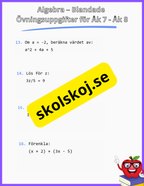 Algebra – Blandade Övningsuppgifter - åk 7 - 8