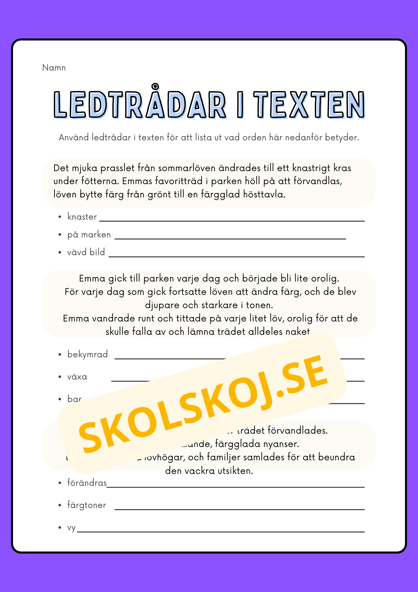 Löven som målar sig i höstens färger - Häfte - Läsförståelse
