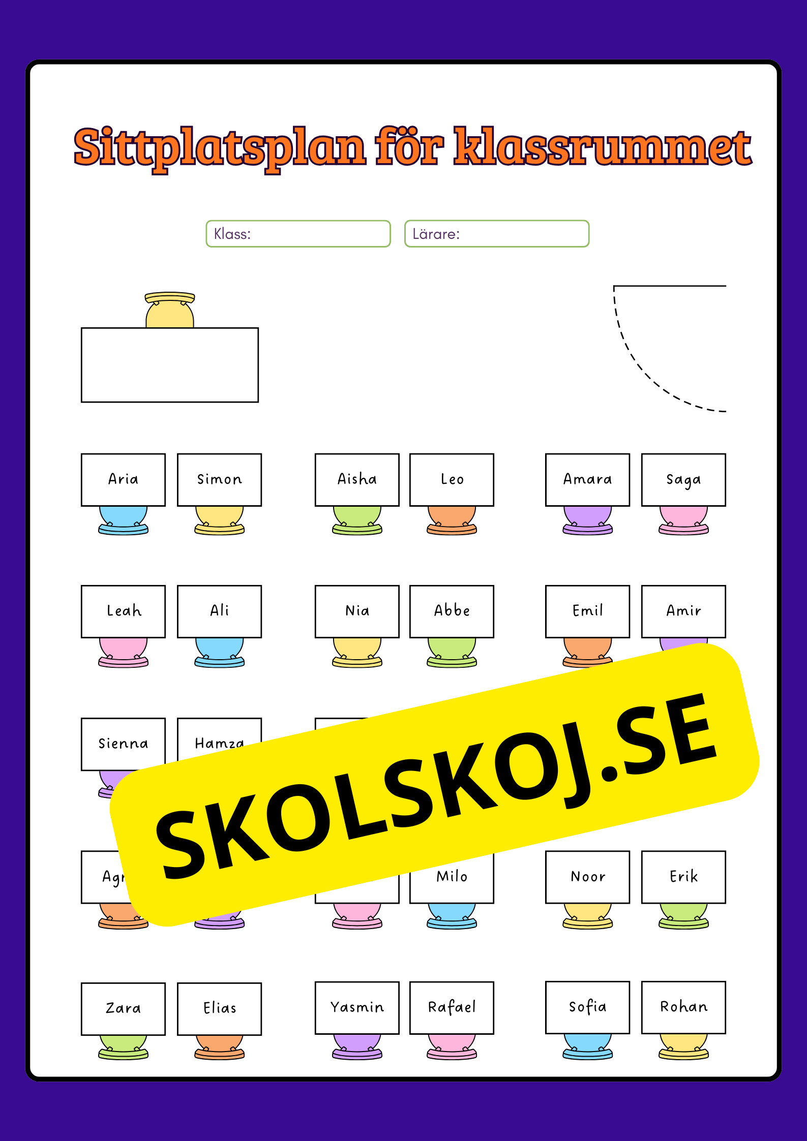 Sittplatsplan för klassrummet (Redigerbar Powerpoint)