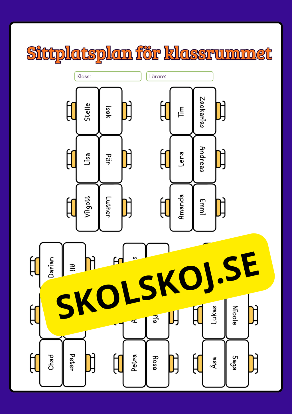 Sittplatsplan för klassrummet (Redigerbar Powerpoint)