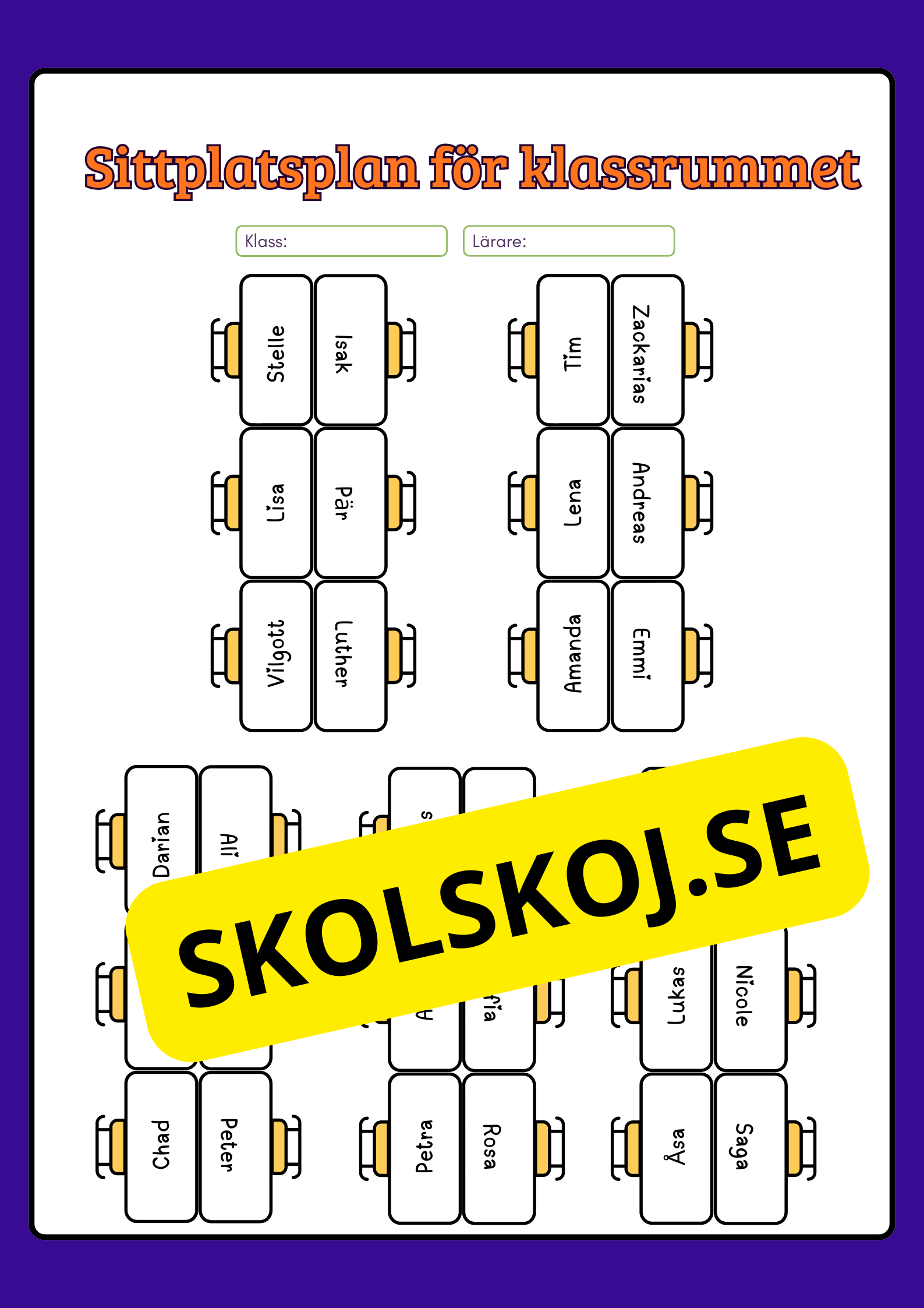 Sittplatsplan för klassrummet (Redigerbar Powerpoint)