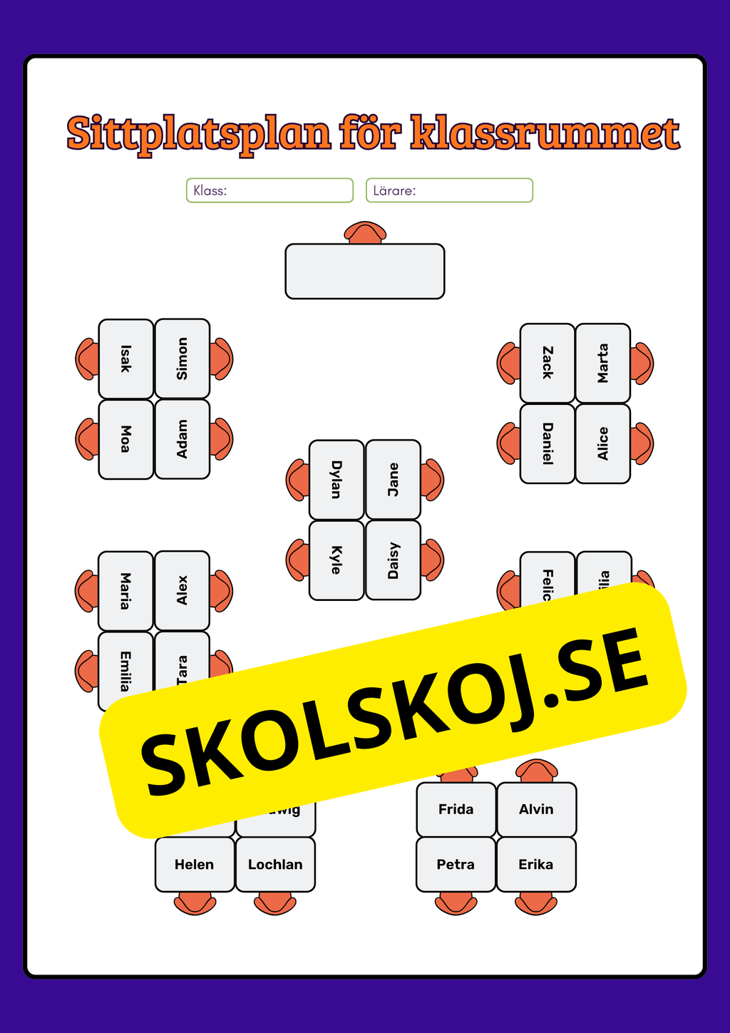 Sittplatsplan för klassrummet (Redigerbar Powerpoint)