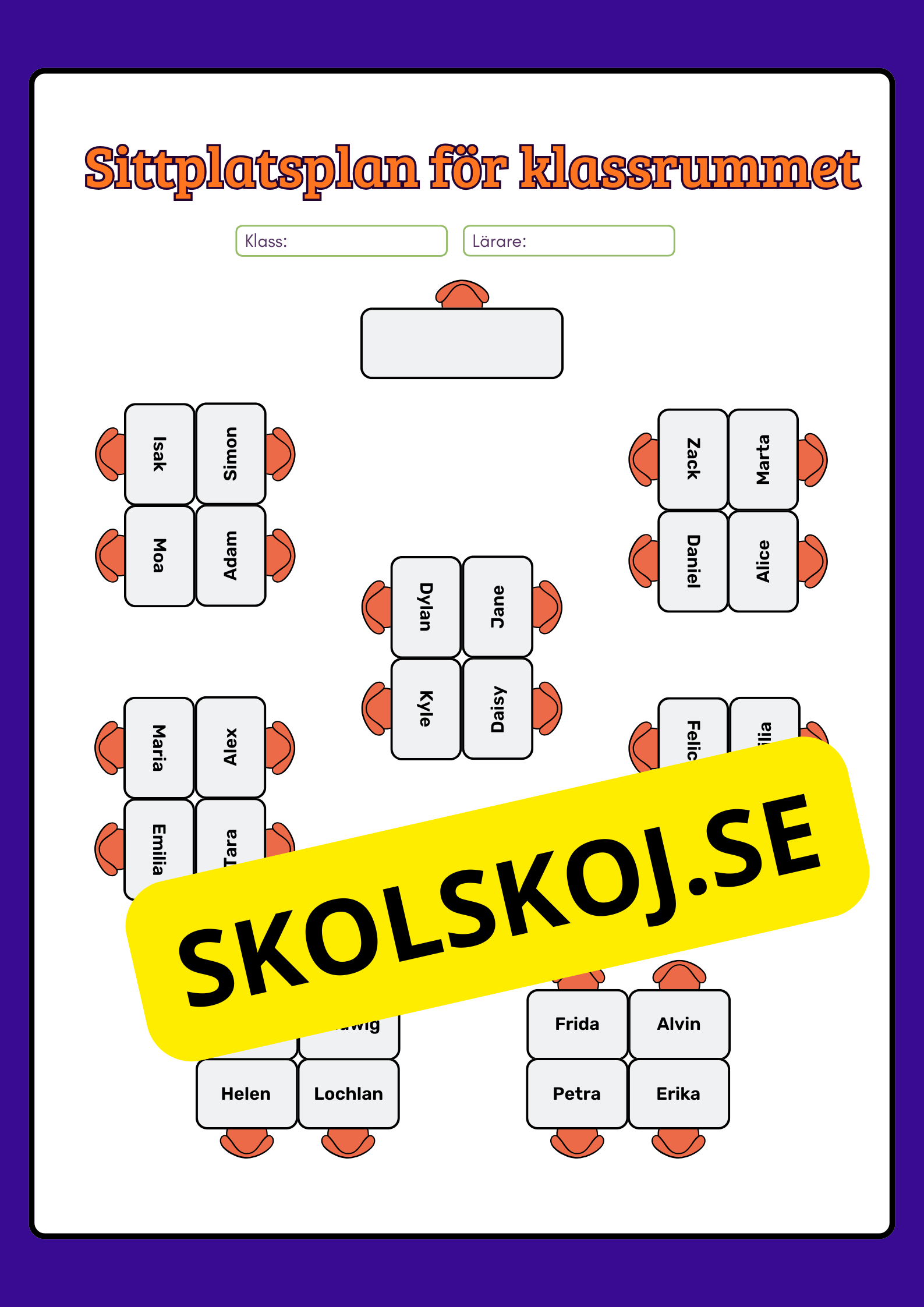 Sittplatsplan för klassrummet (Redigerbar Powerpoint)