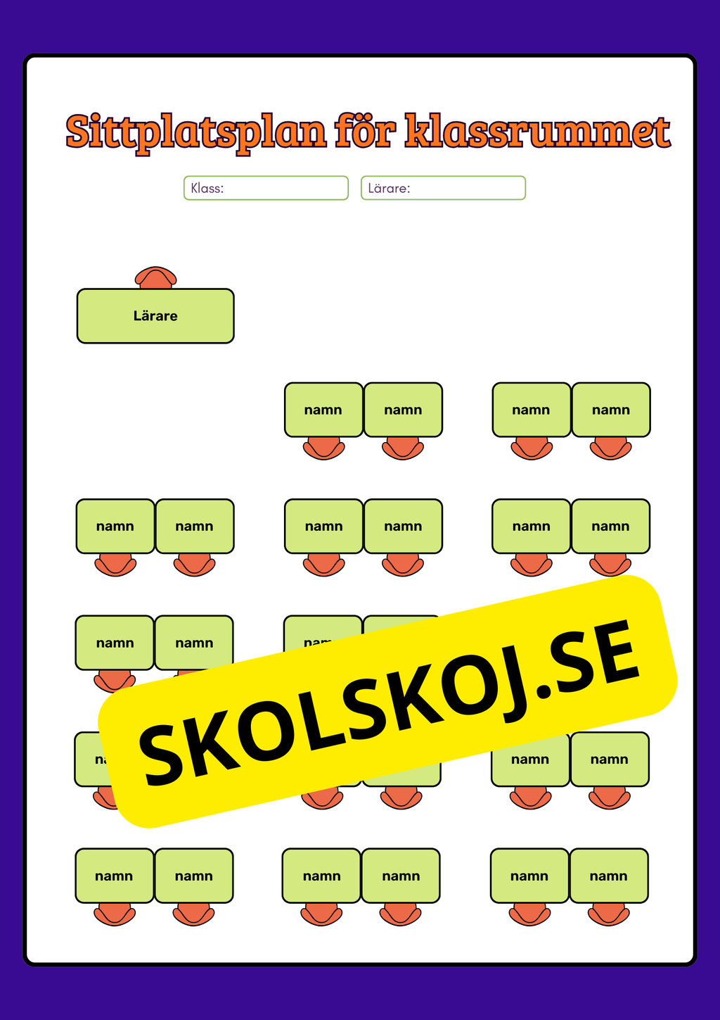 Sittplatsplan för klassrummet (Redigerbar Powerpoint)