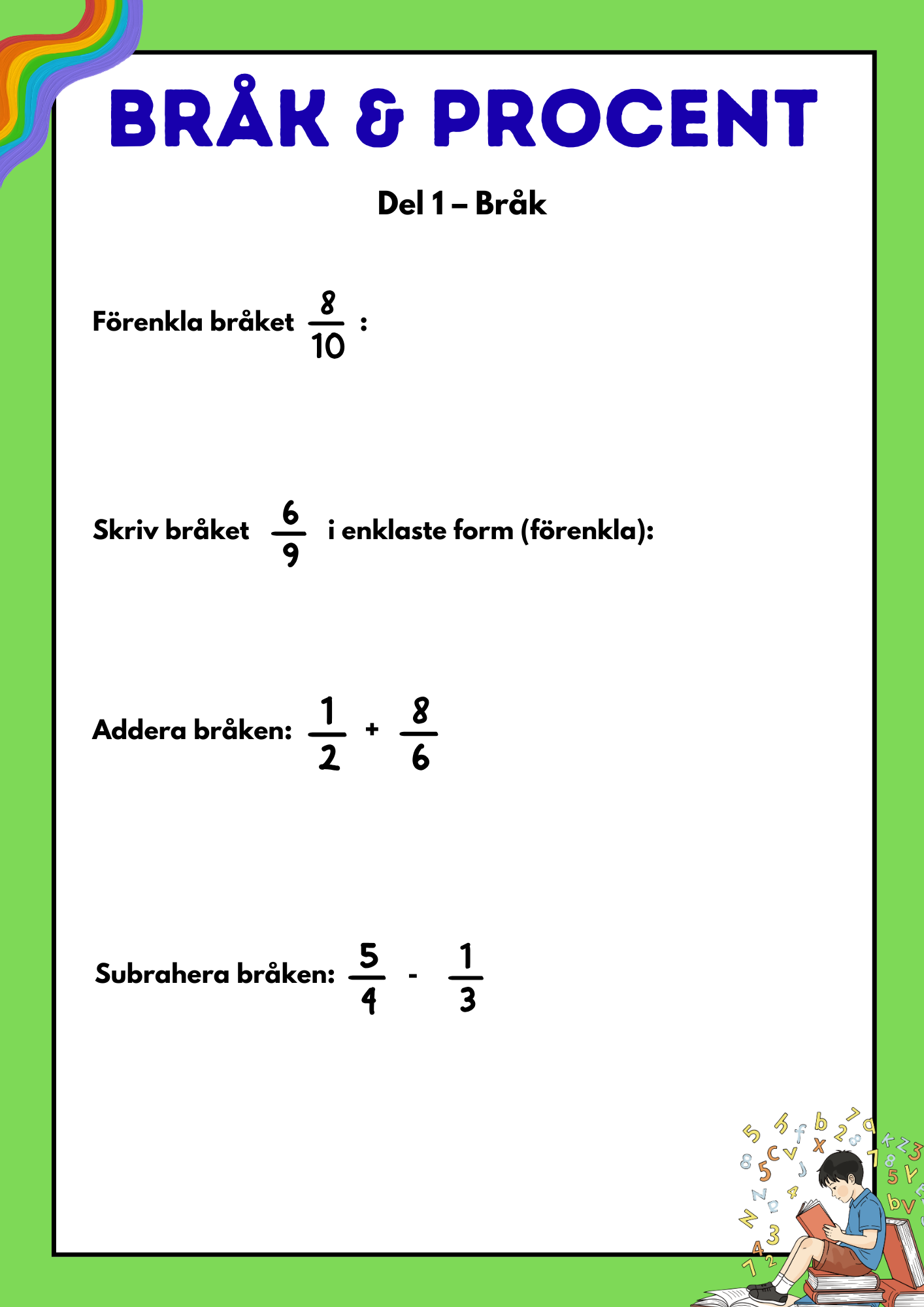 Bråk och procent - Blandade uppgifter - Årskurs 5 - 6