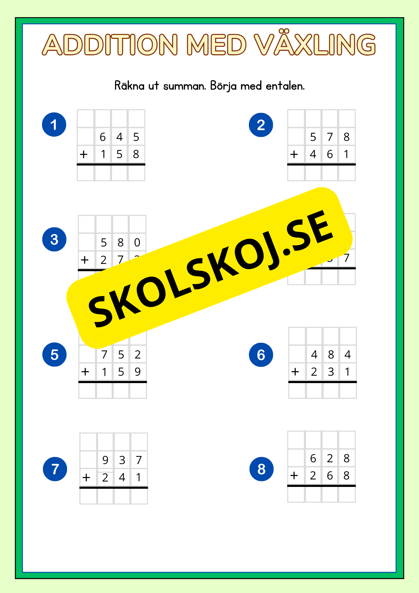 Addition och subtraktion med växling uppställning